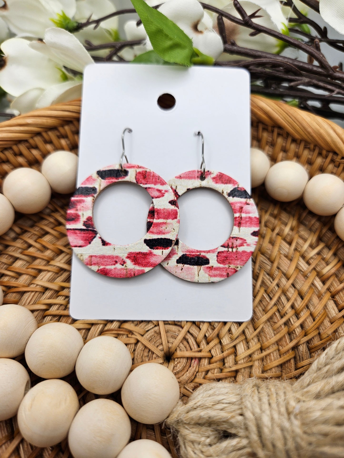 Pink Striped Cork Backed with Genuine Leather Earrings