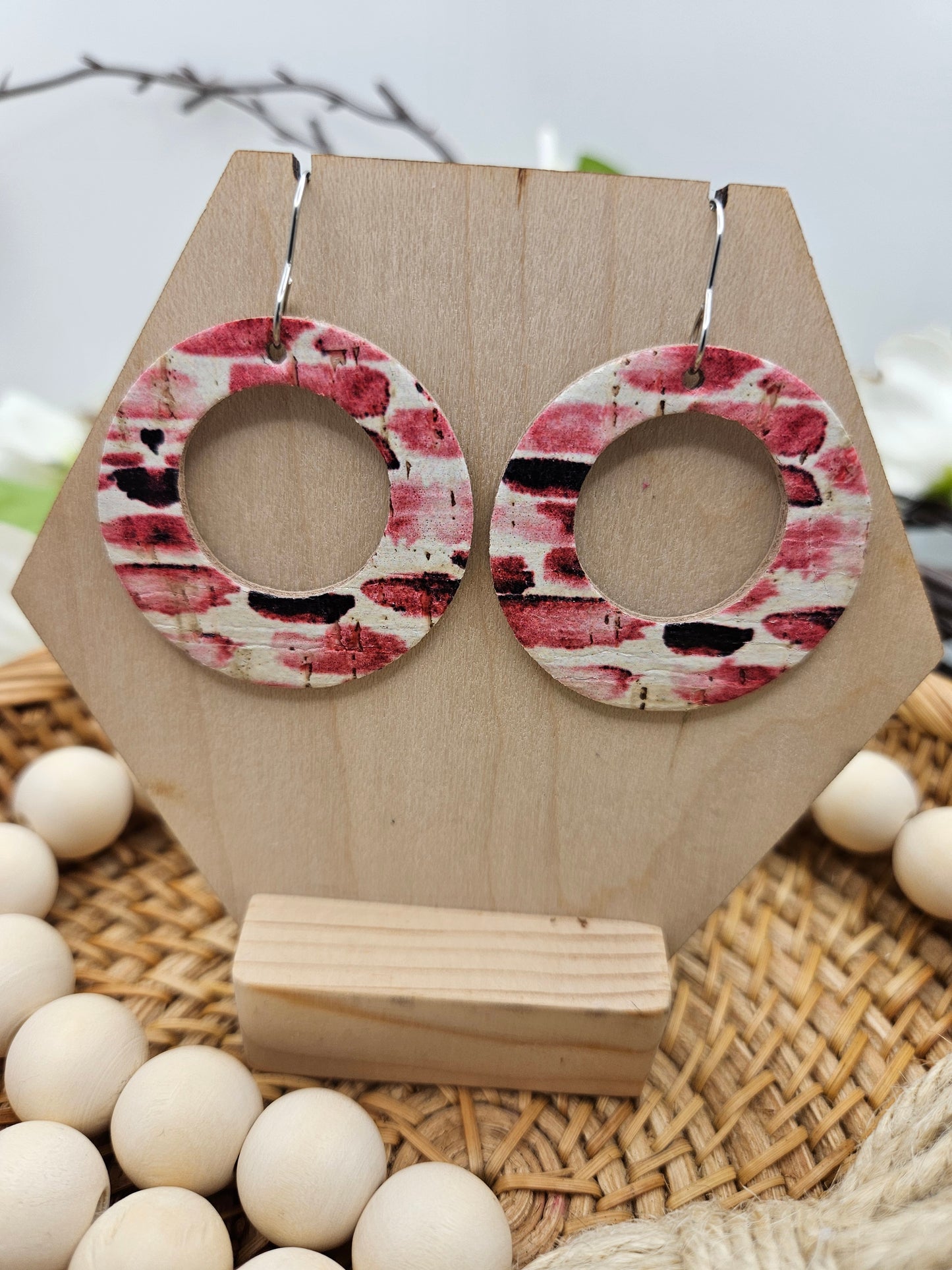 Pink Striped Cork Backed with Genuine Leather Earrings