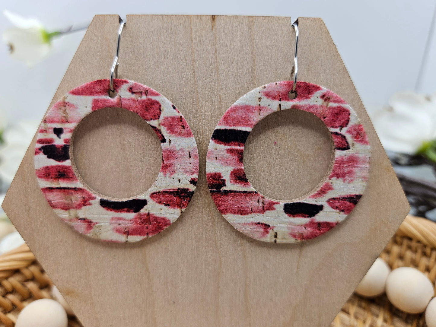 Pink Striped Cork Backed with Genuine Leather Earrings