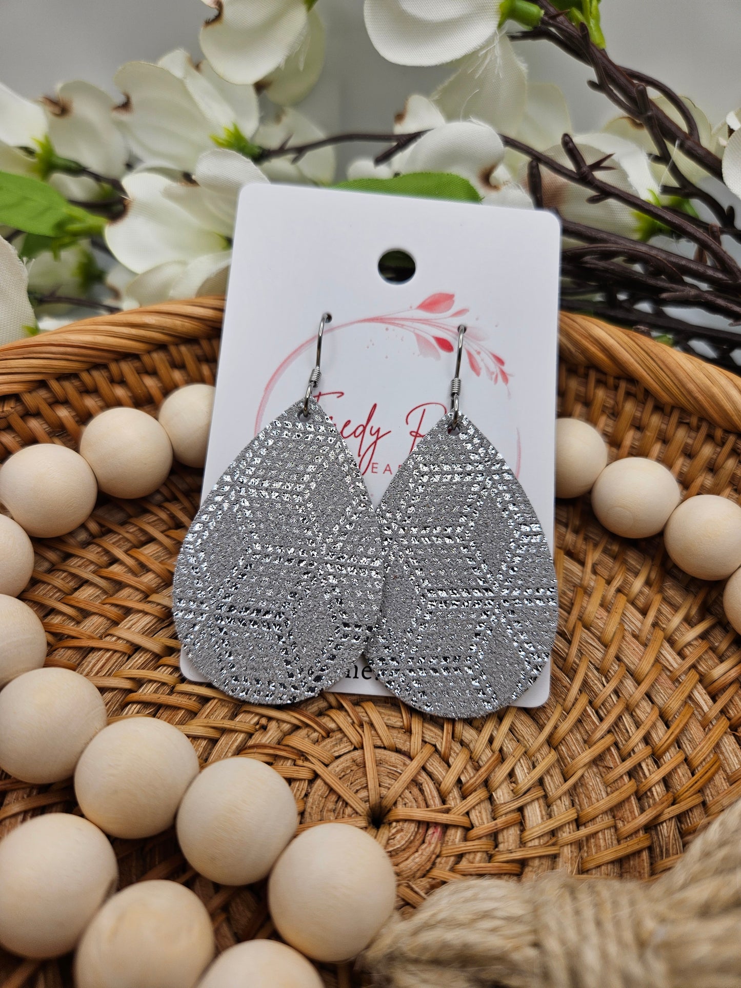 Silver Sparkle Leather Teardrop Earrings