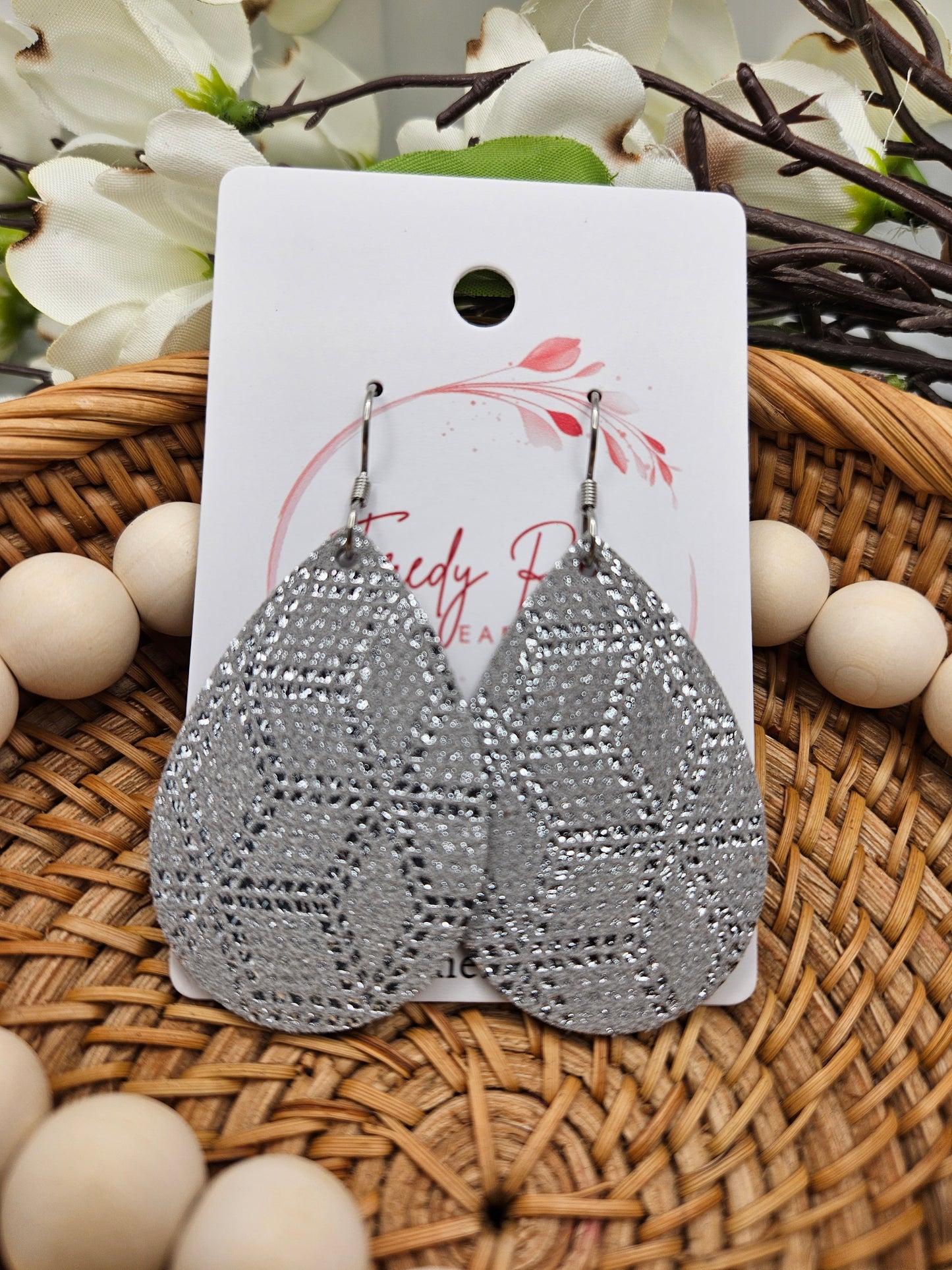 Silver Sparkle Leather Teardrop Earrings