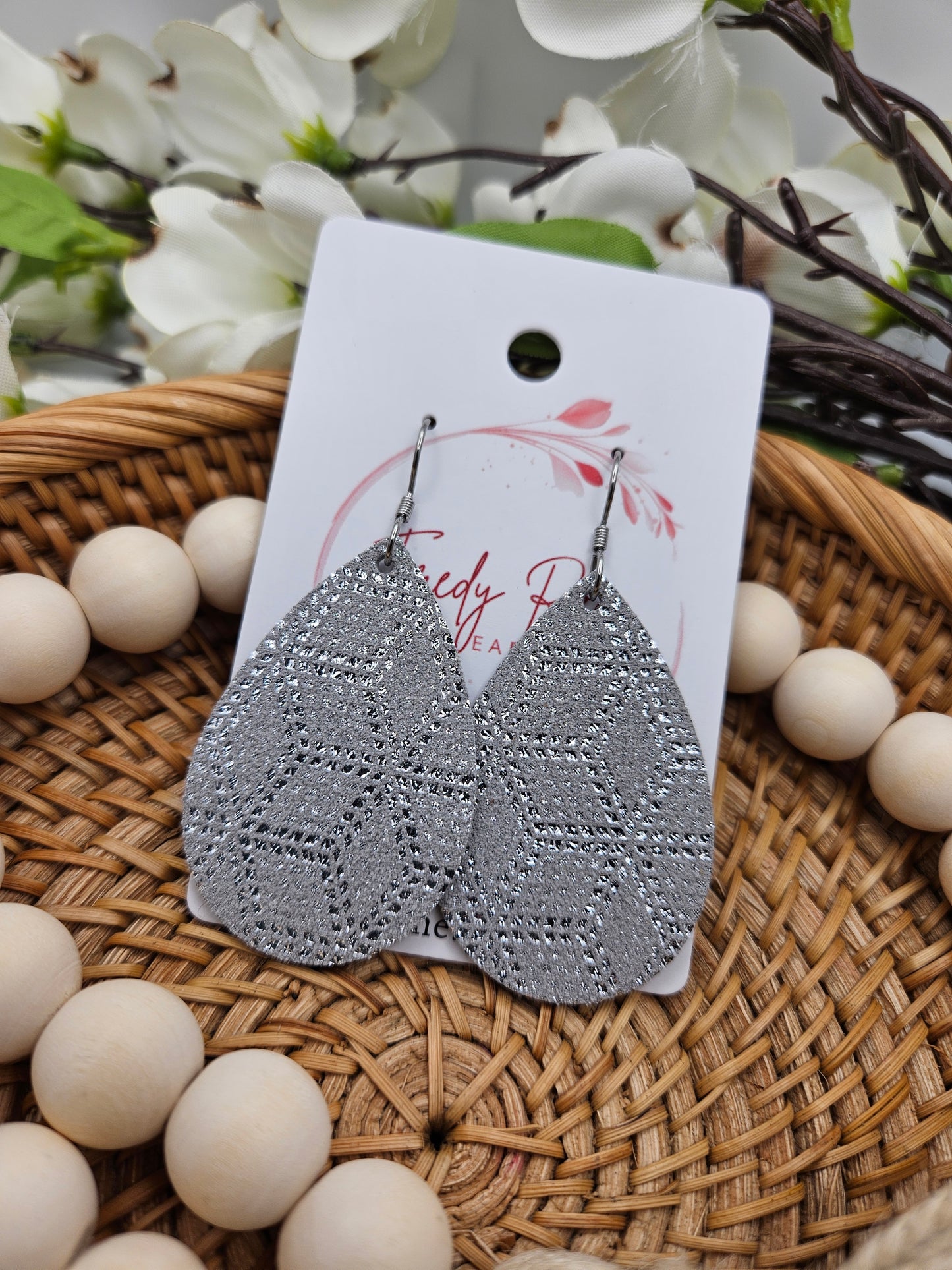 Silver Sparkle Leather Teardrop Earrings