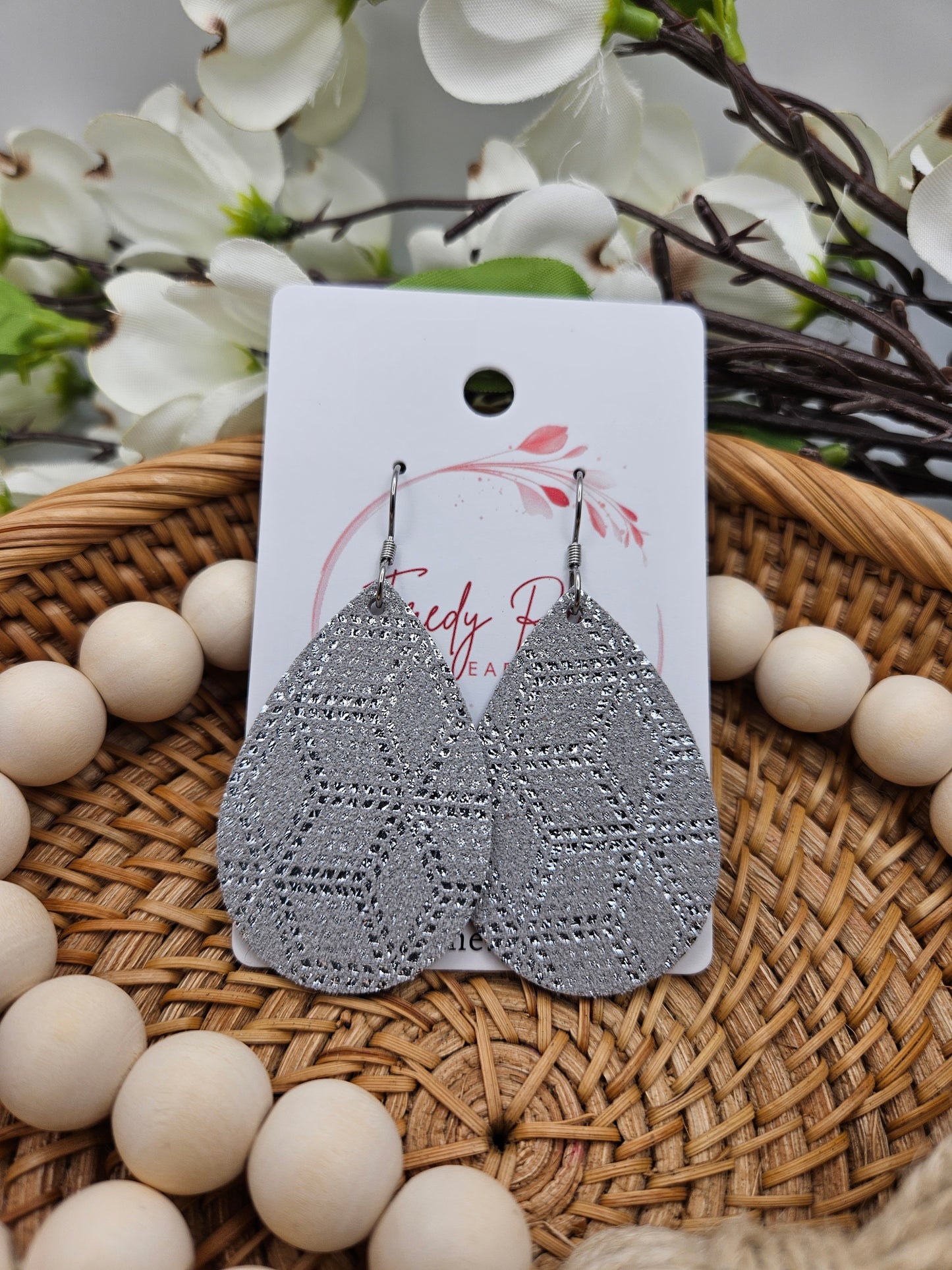 Silver Sparkle Leather Teardrop Earrings