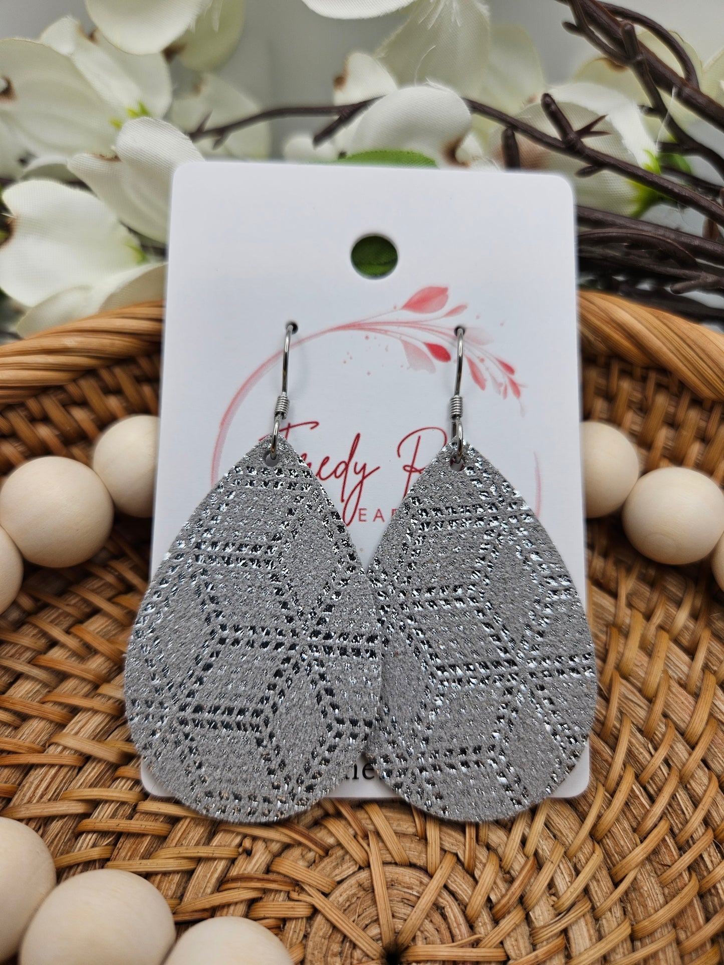 Silver Sparkle Leather Teardrop Earrings