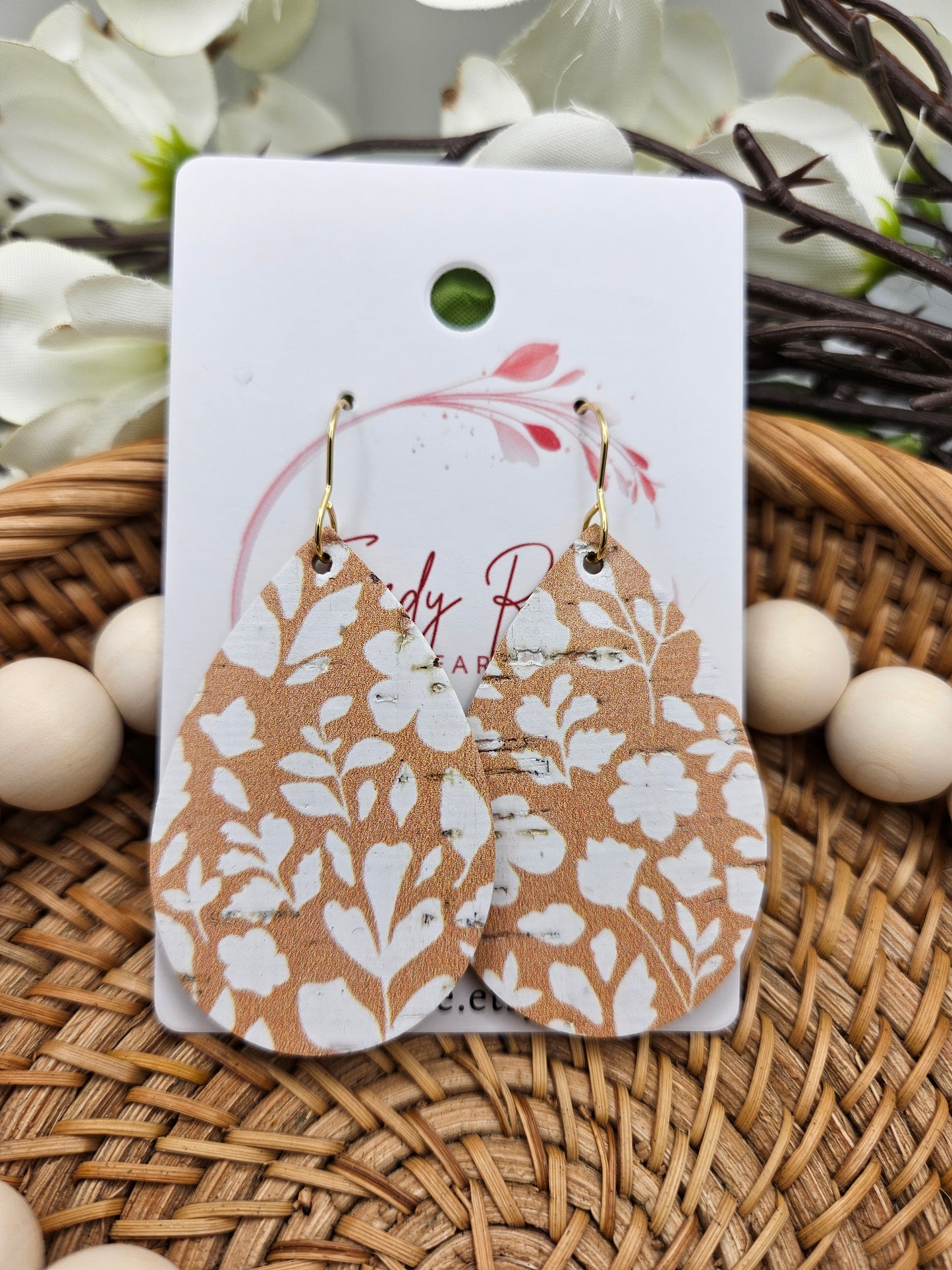 Floral Cork Backed with Genuine Leather Teardrop Earrings