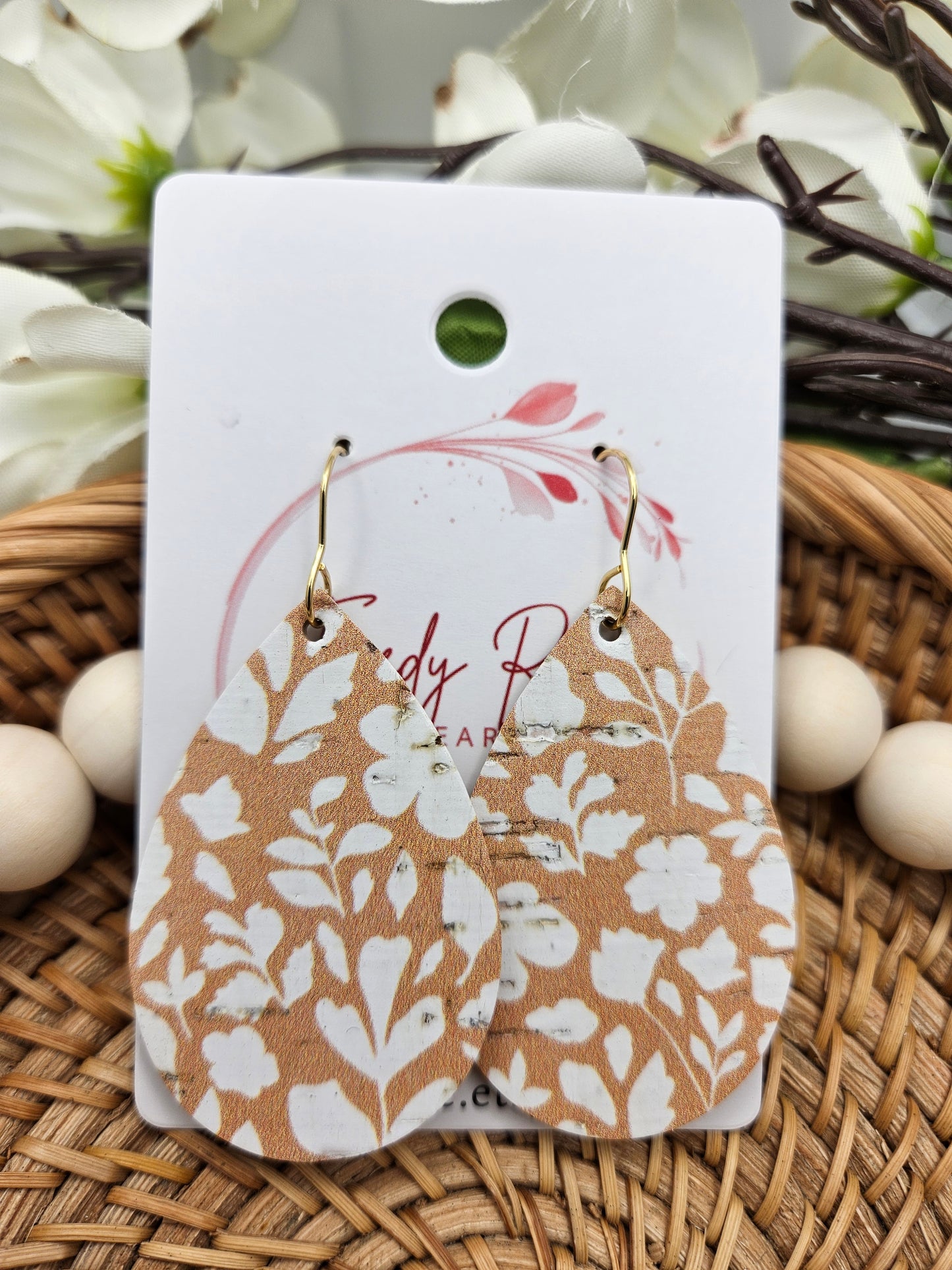 Floral Cork Backed with Genuine Leather Teardrop Earrings