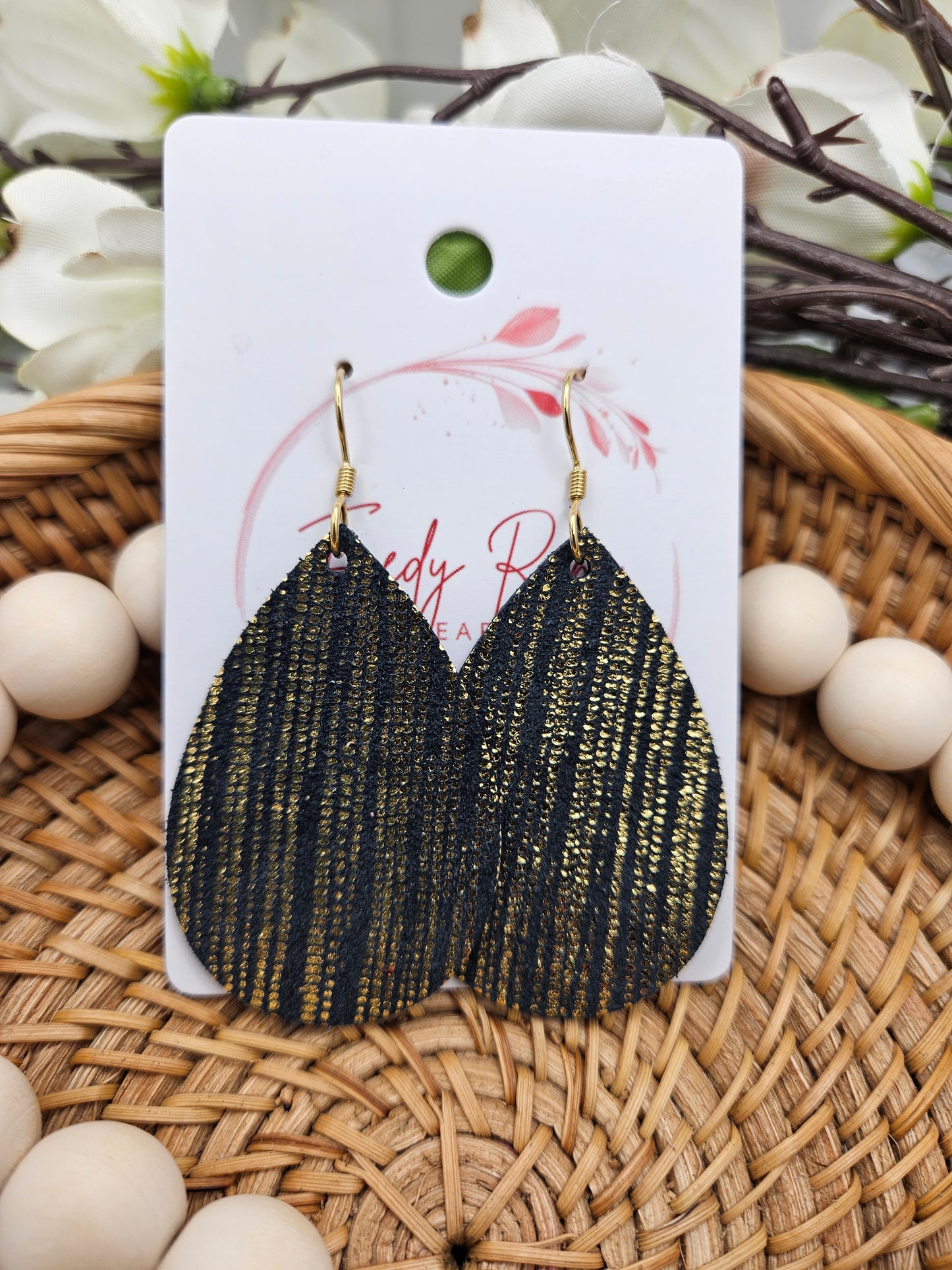 Black and Gold Striped Leather Teardrop Earrings