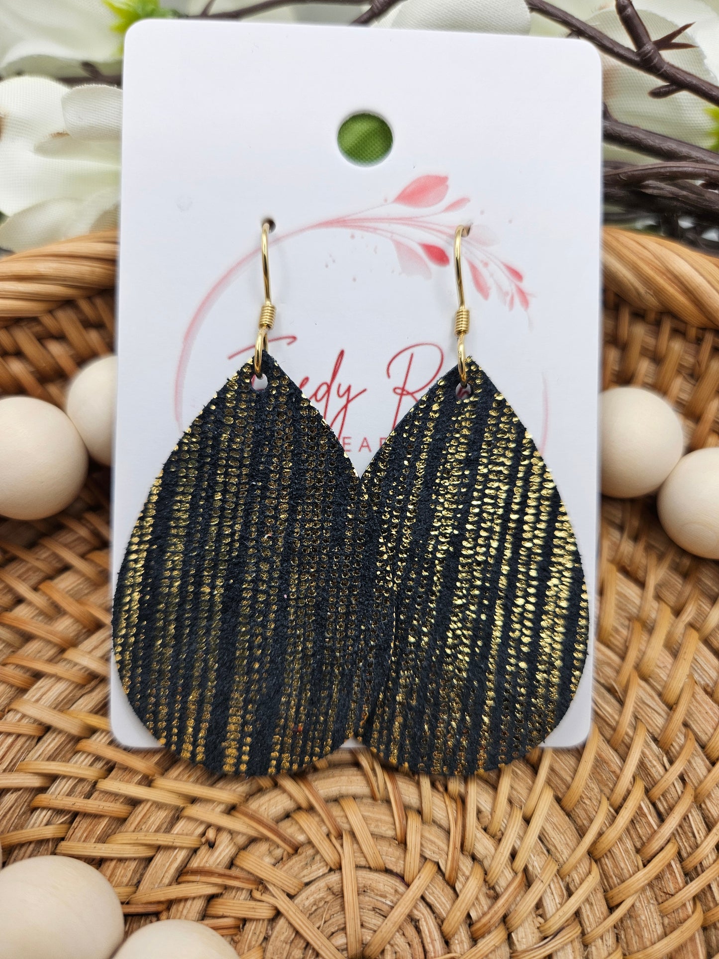 Black and Gold Striped Leather Teardrop Earrings