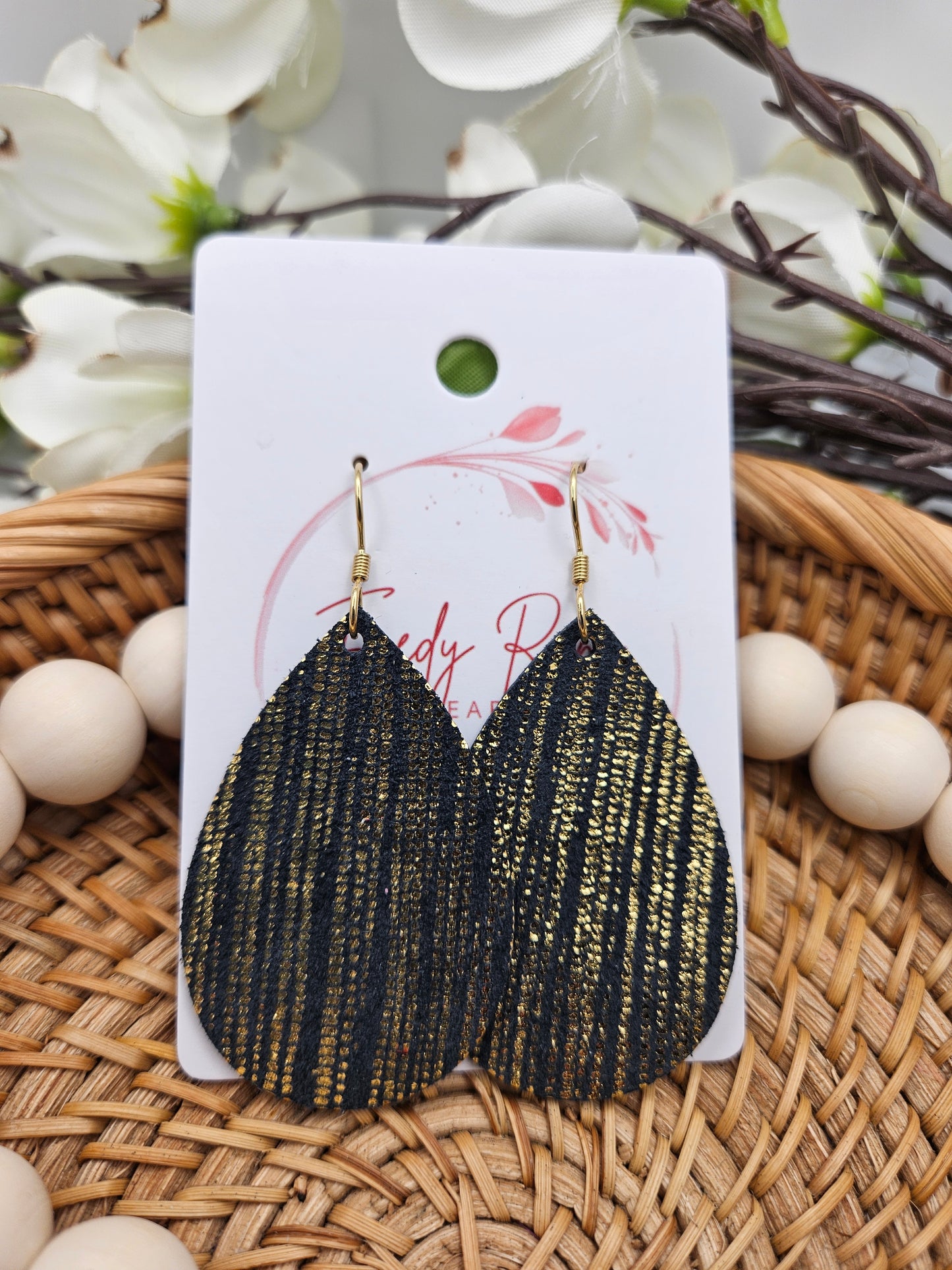 Black and Gold Striped Leather Teardrop Earrings