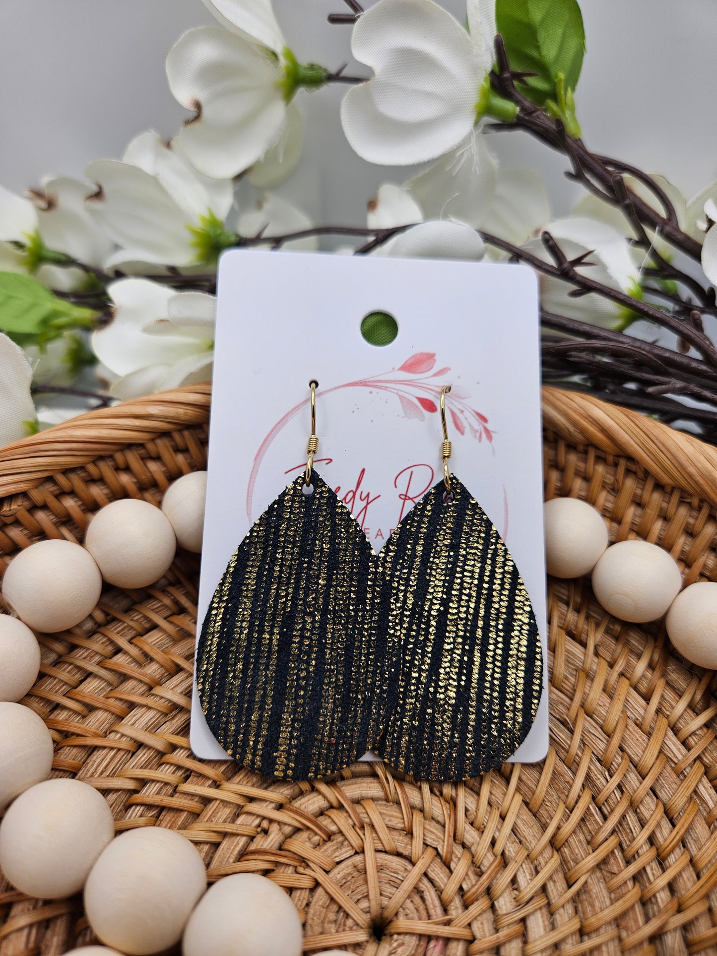 Black and Gold Striped Leather Teardrop Earrings