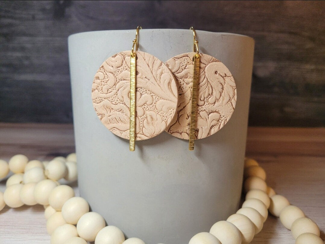 Embossed Tan Leather & Brass Earrings