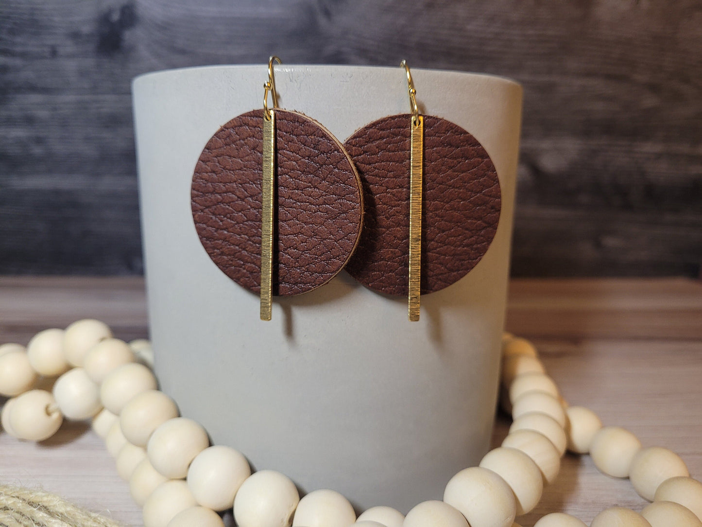 Brown Genuine Leather Circle Earrings with Gold Brass Embellished Bars