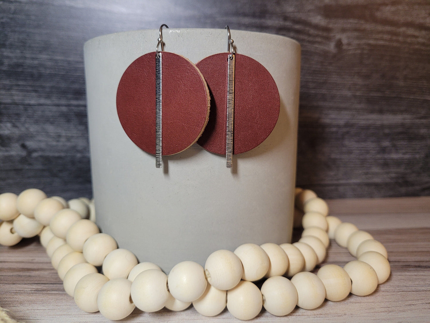 Reddish Brown Genuine Leather Circle Earrings with Silver Brass Embellished Bars