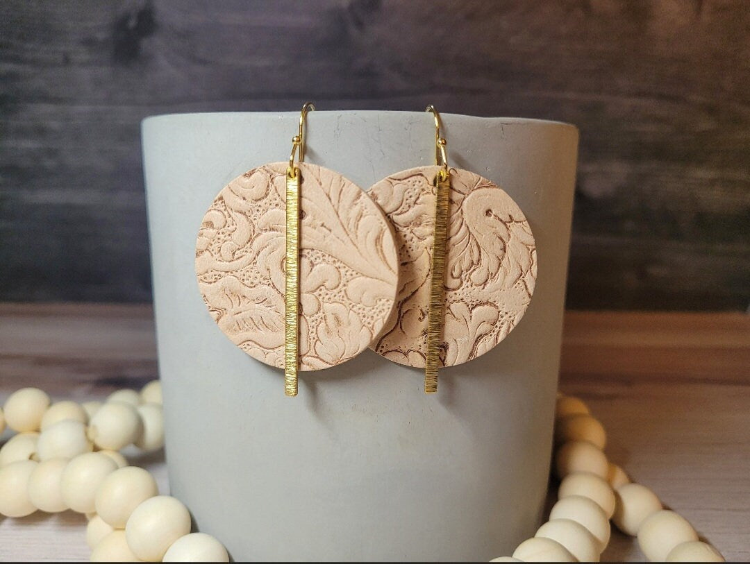 Embossed Tan Leather & Brass Earrings