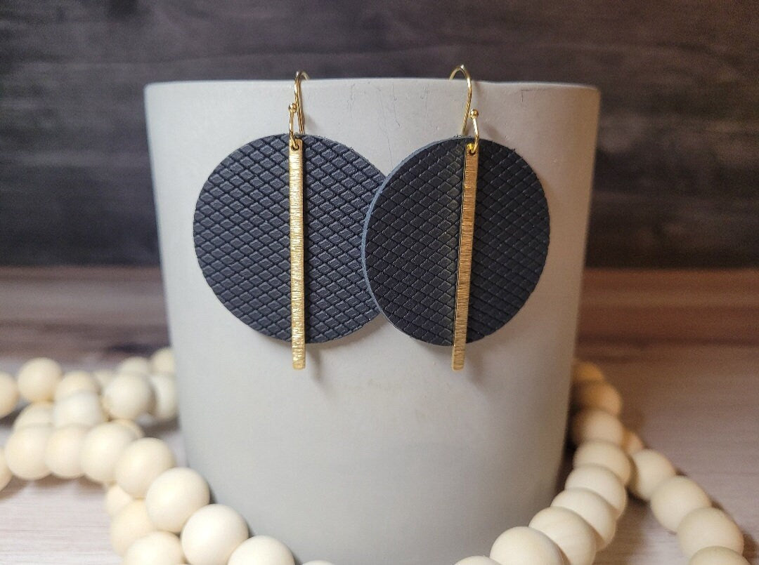 Black Patterned Leather Earrings with Brass Bars