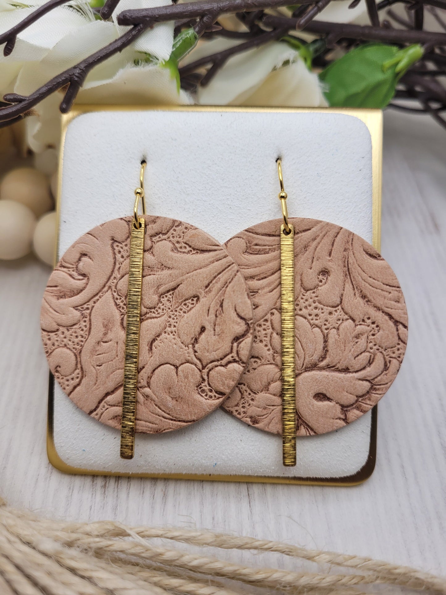 Embossed Tan Leather & Brass Earrings