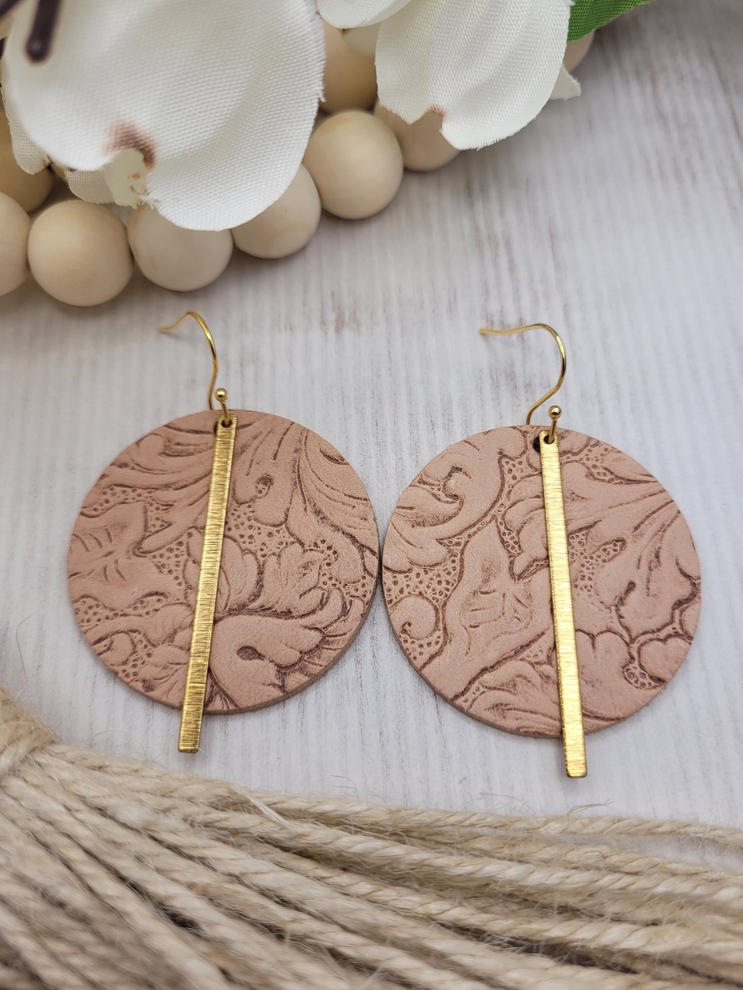 Embossed Tan Leather & Brass Earrings