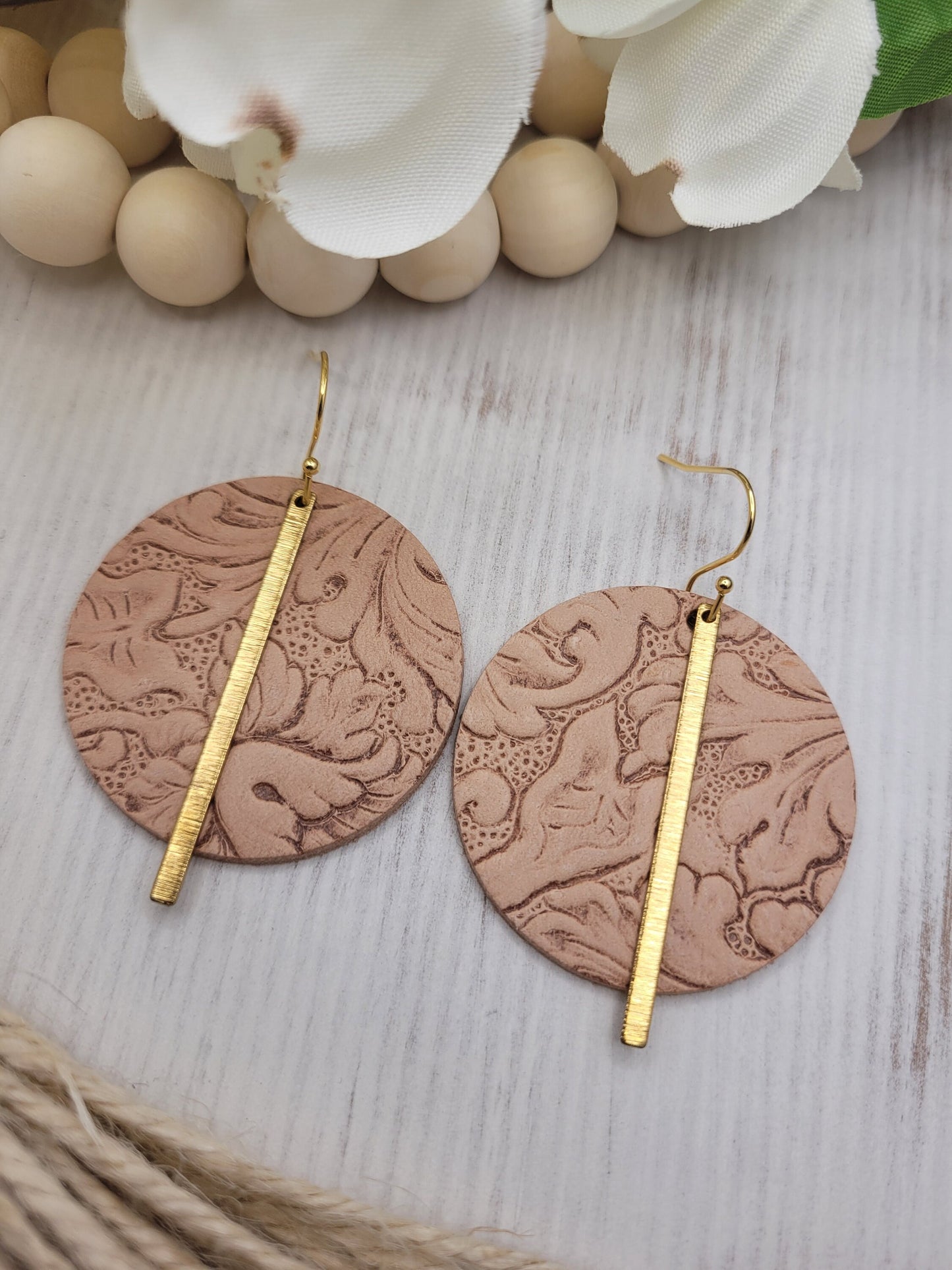 Embossed Tan Leather & Brass Earrings