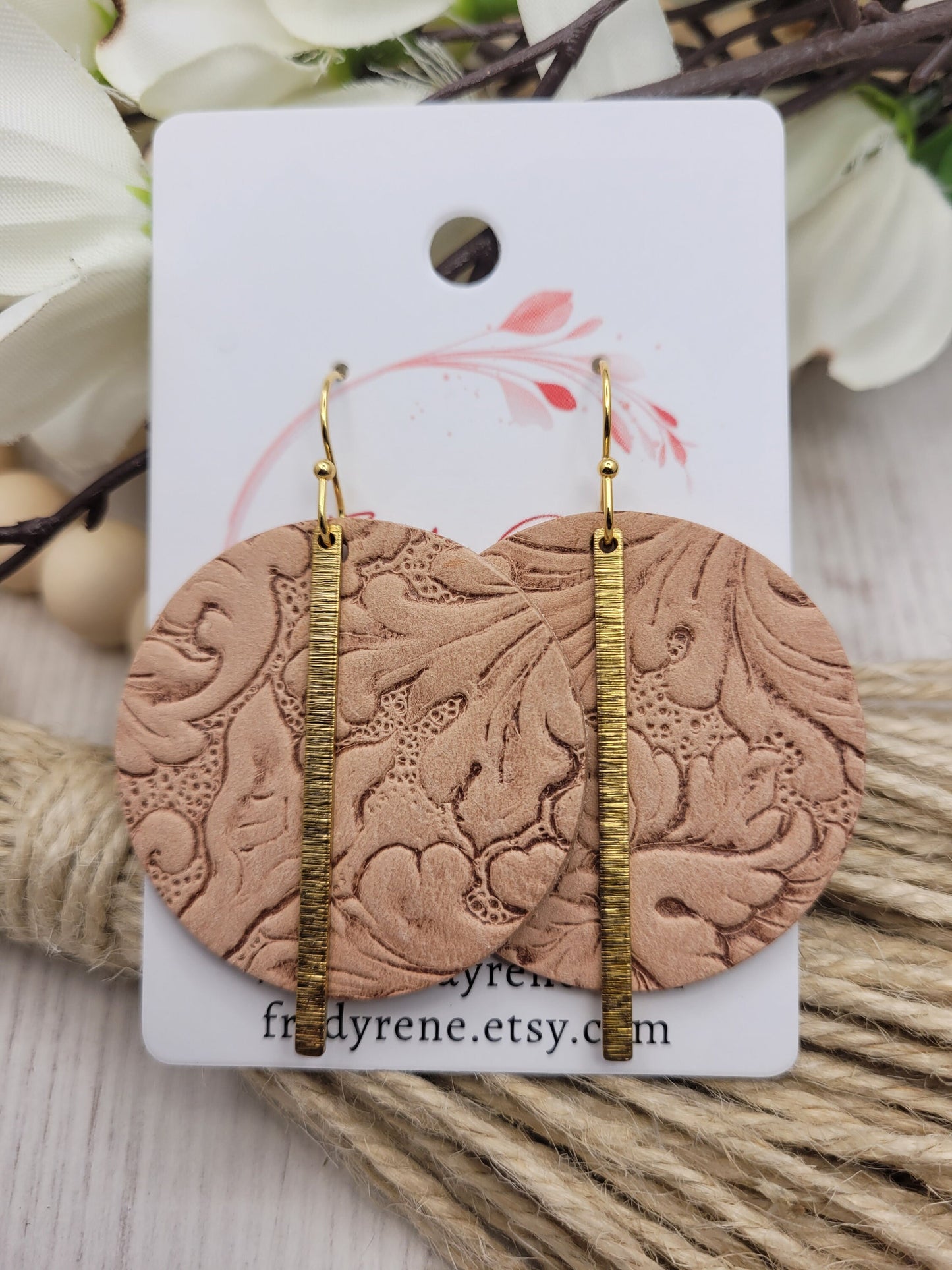 Embossed Tan Leather & Brass Earrings