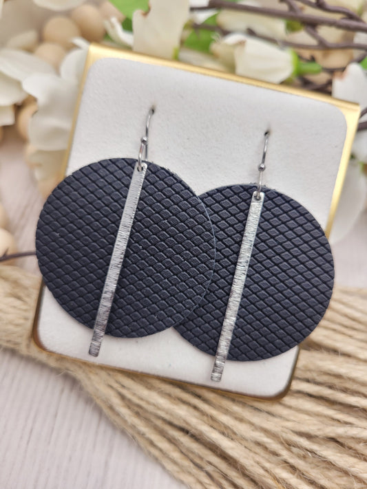 Black Patterned Leather Earrings with Silver Brass Bars