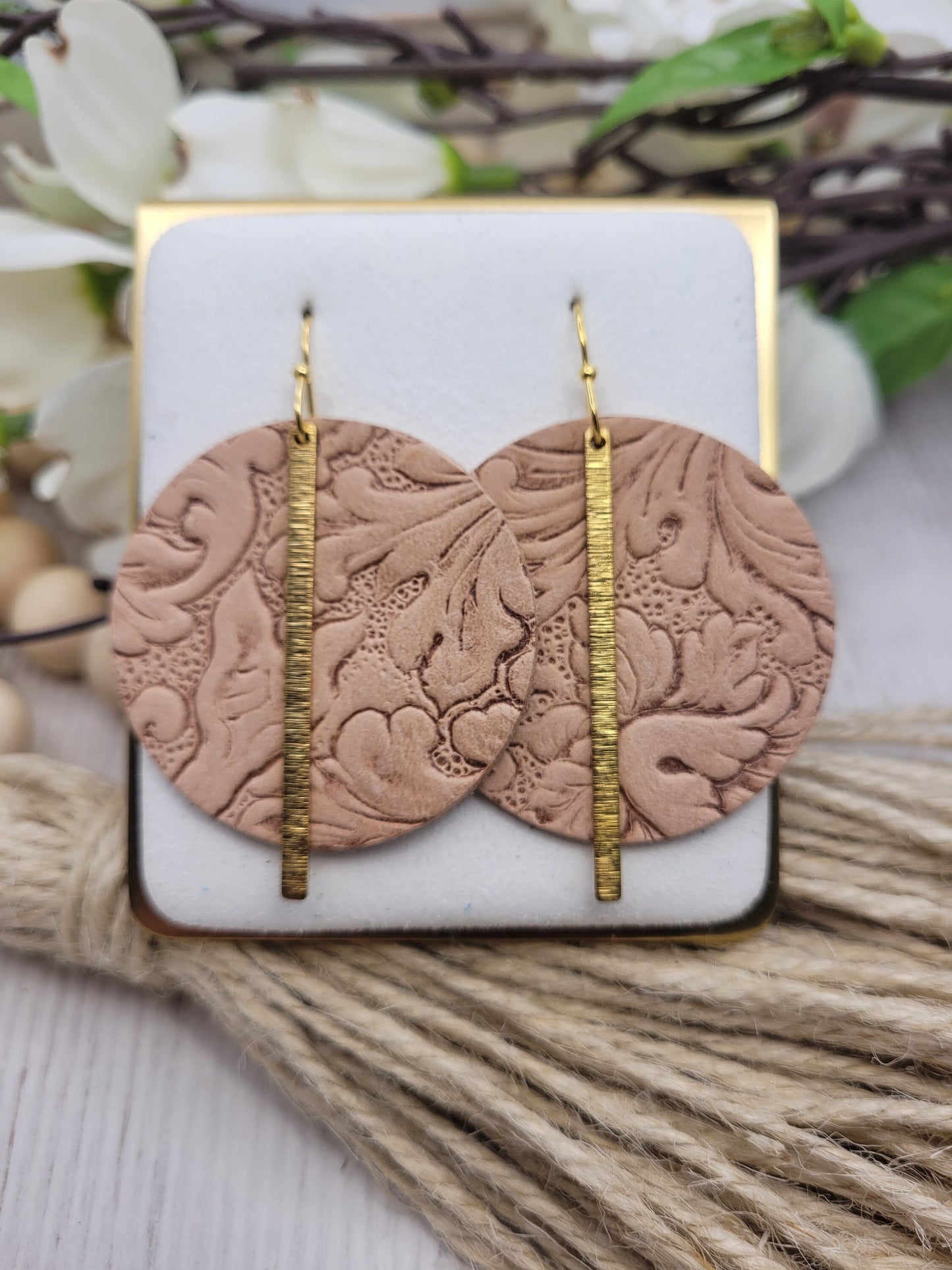 Embossed Tan Leather & Brass Earrings