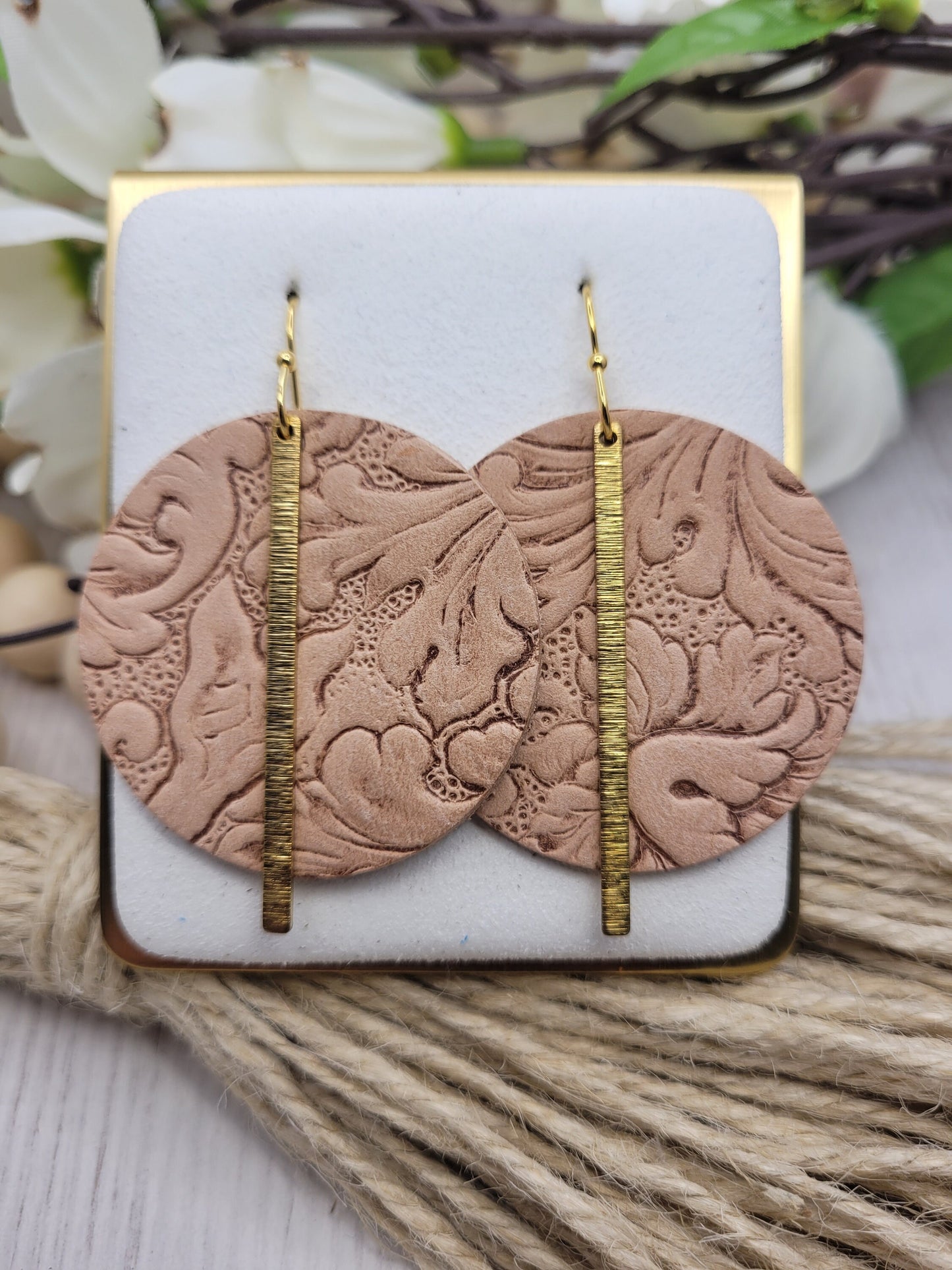 Embossed Tan Leather & Brass Earrings