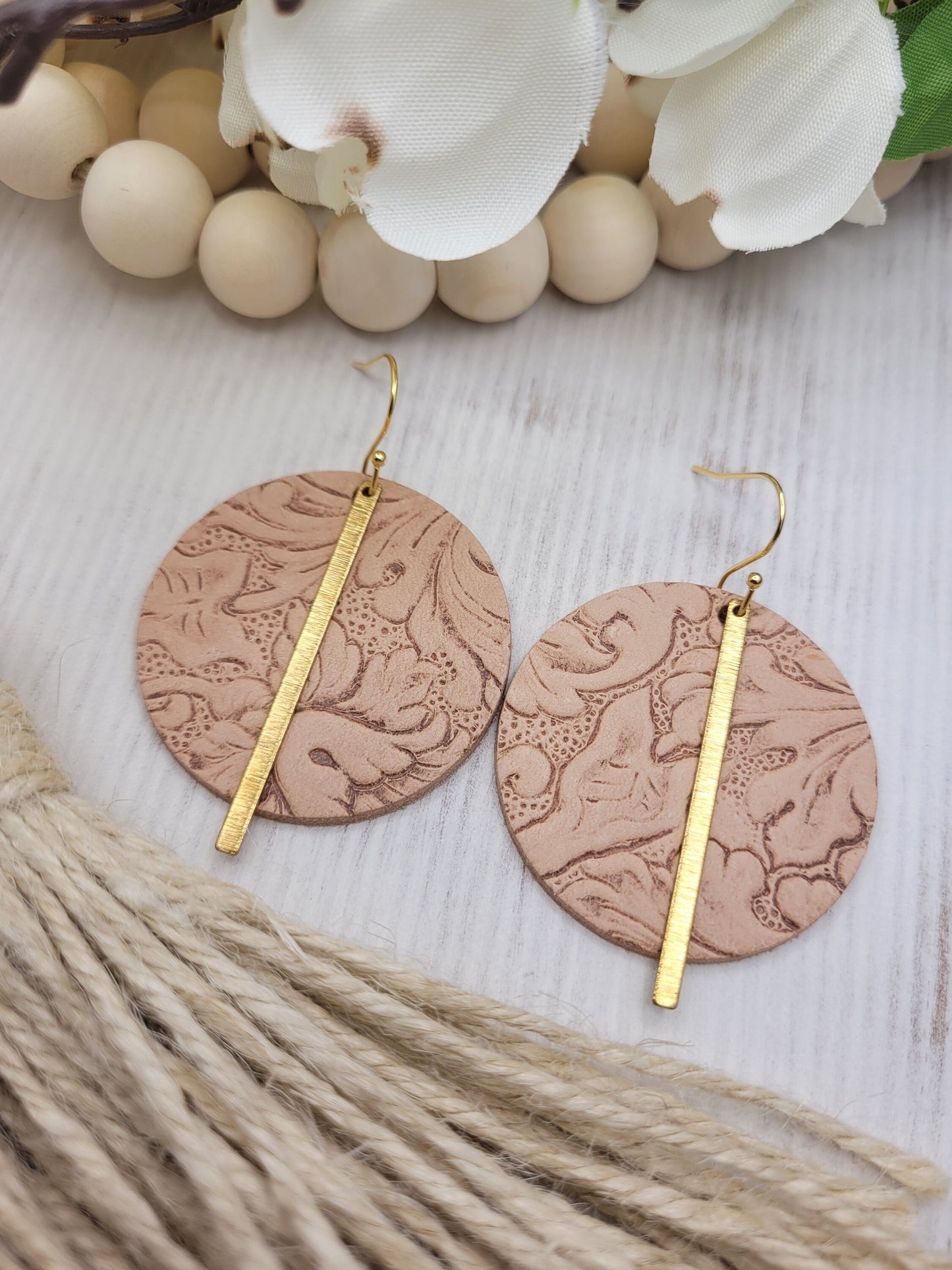 Embossed Tan Leather & Brass Earrings