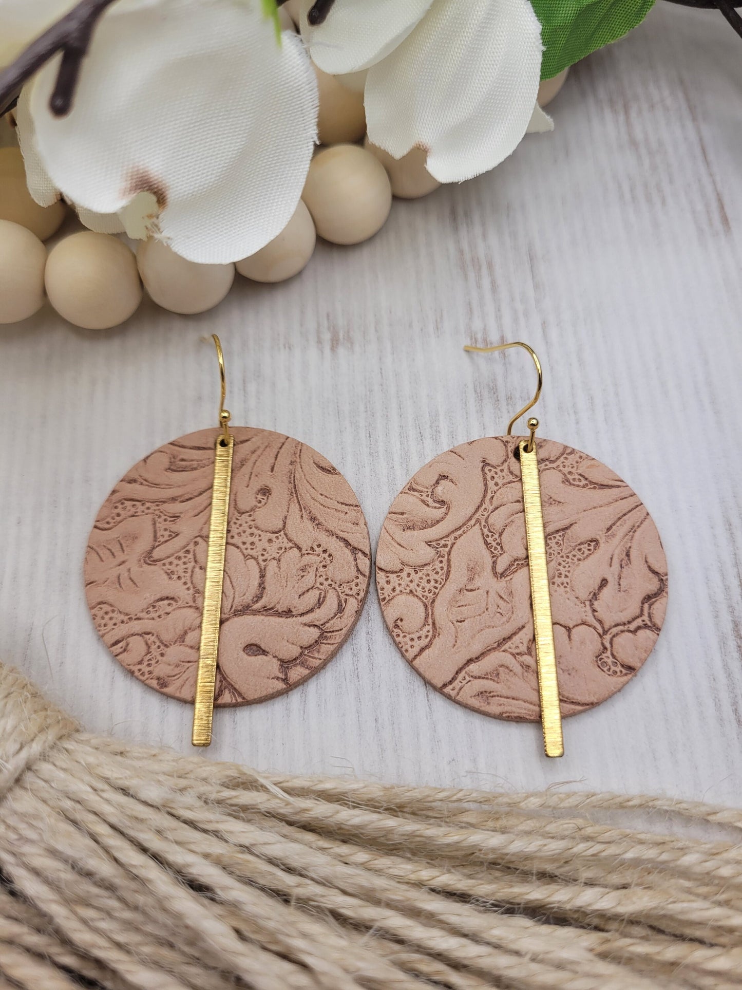 Embossed Tan Leather & Brass Earrings