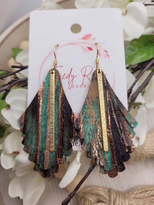 Boho Chic Leather Earrings with Brass Etched Bar - Lightweight, Handmade Turquoise Fringe
