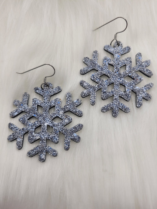 Iridescent Glitter Snowflake Earrings on Genuine Leather Backing- Handmade Lightweight