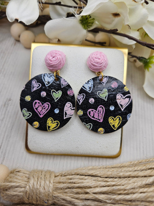 Black Heart Cork Earrings Backed with Genuine Leather with Pink Raffia Rose Studs