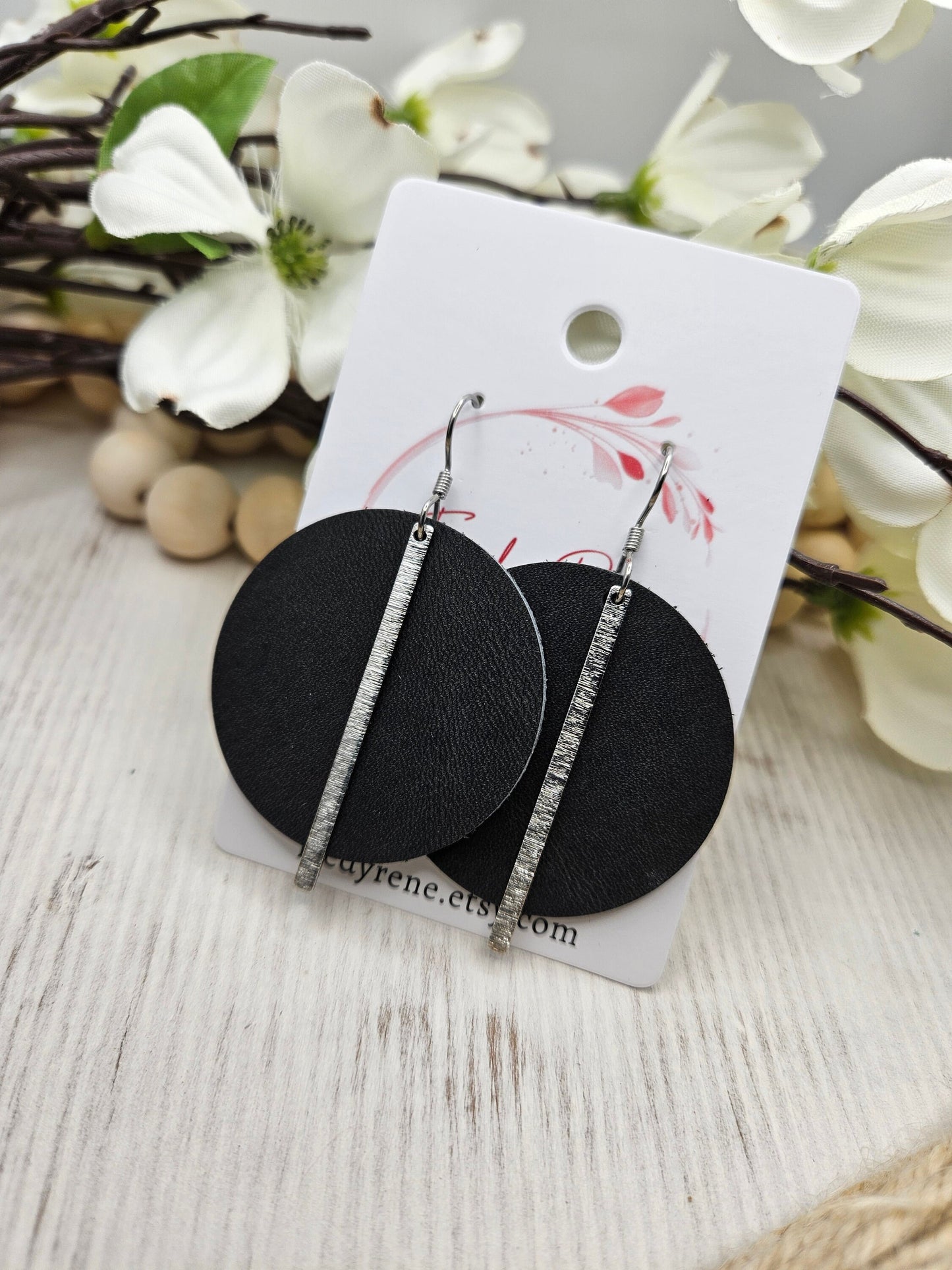 Dark Grey Leather Earrings with Silver Brass Bars