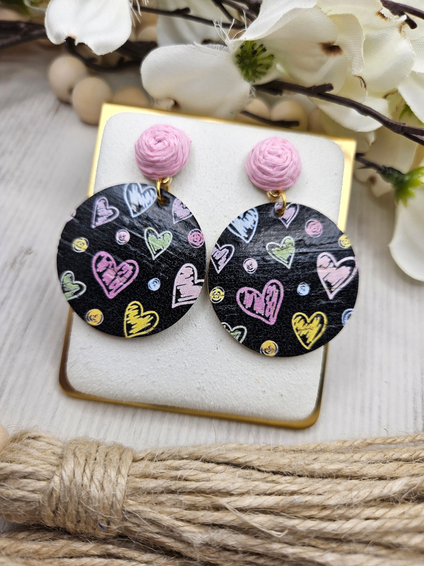 Black Heart Cork Earrings Backed with Genuine Leather with Pink Raffia Rose Studs