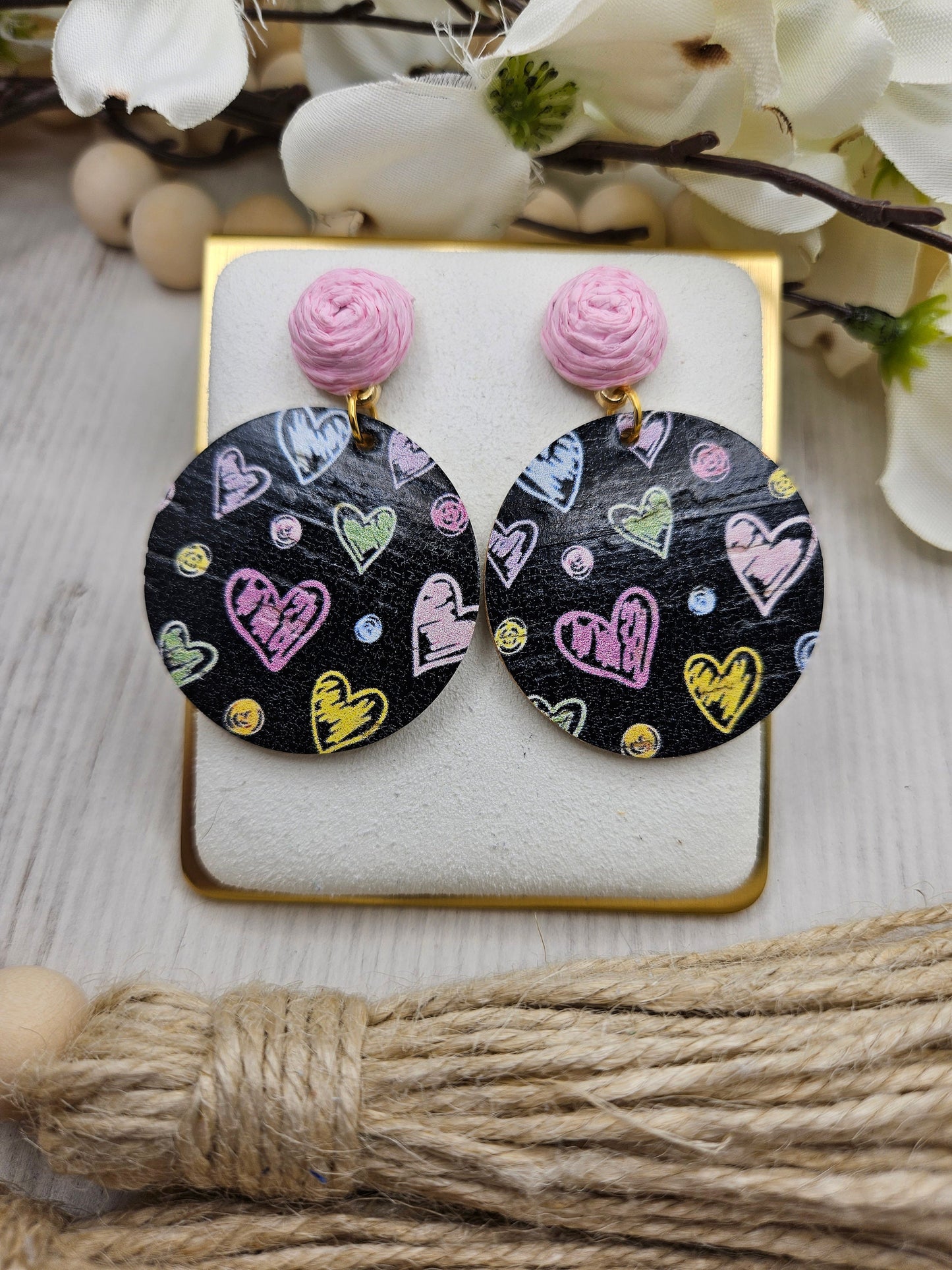 Black Heart Cork Earrings Backed with Genuine Leather with Pink Raffia Rose Studs