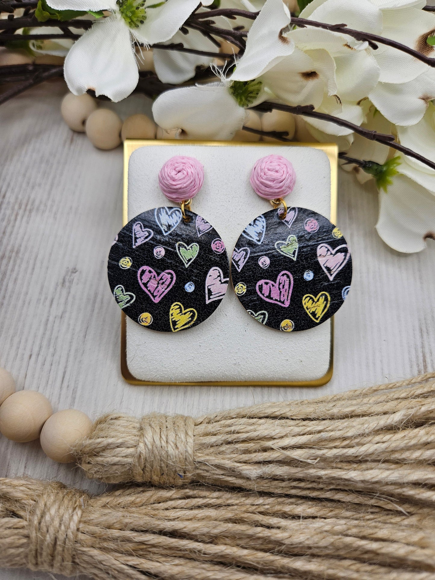 Black Heart Cork Earrings Backed with Genuine Leather with Pink Raffia Rose Studs