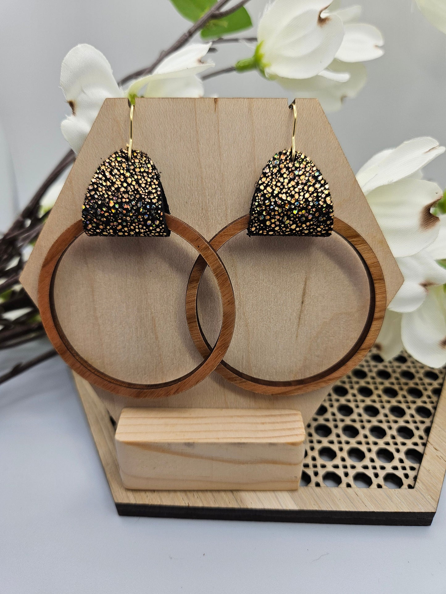 Black and Gold Leather & Wood Hoop Earrings