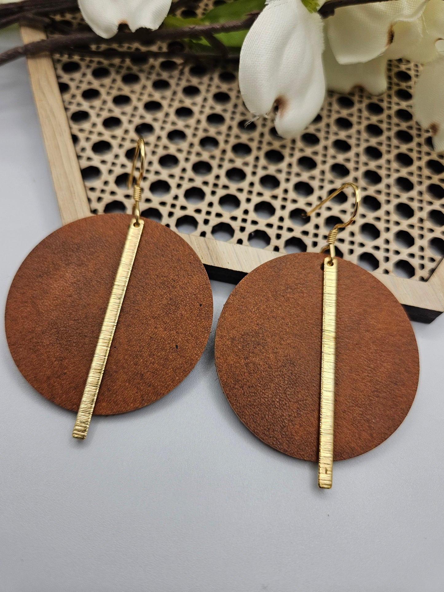 Tan Genuine Leather Earrings Round with Gold Brass Bars