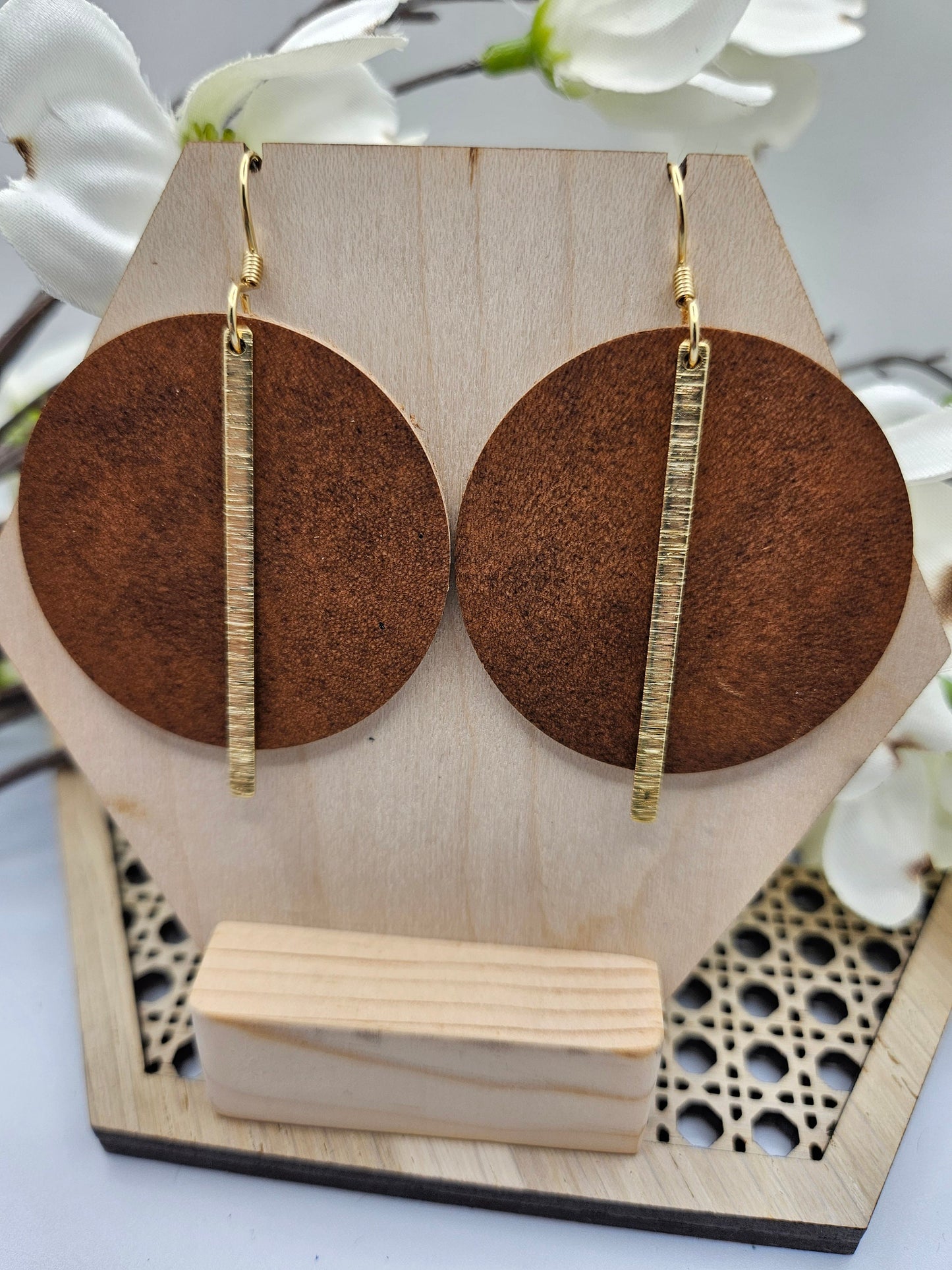 Tan Genuine Leather Earrings Round with Gold Brass Bars