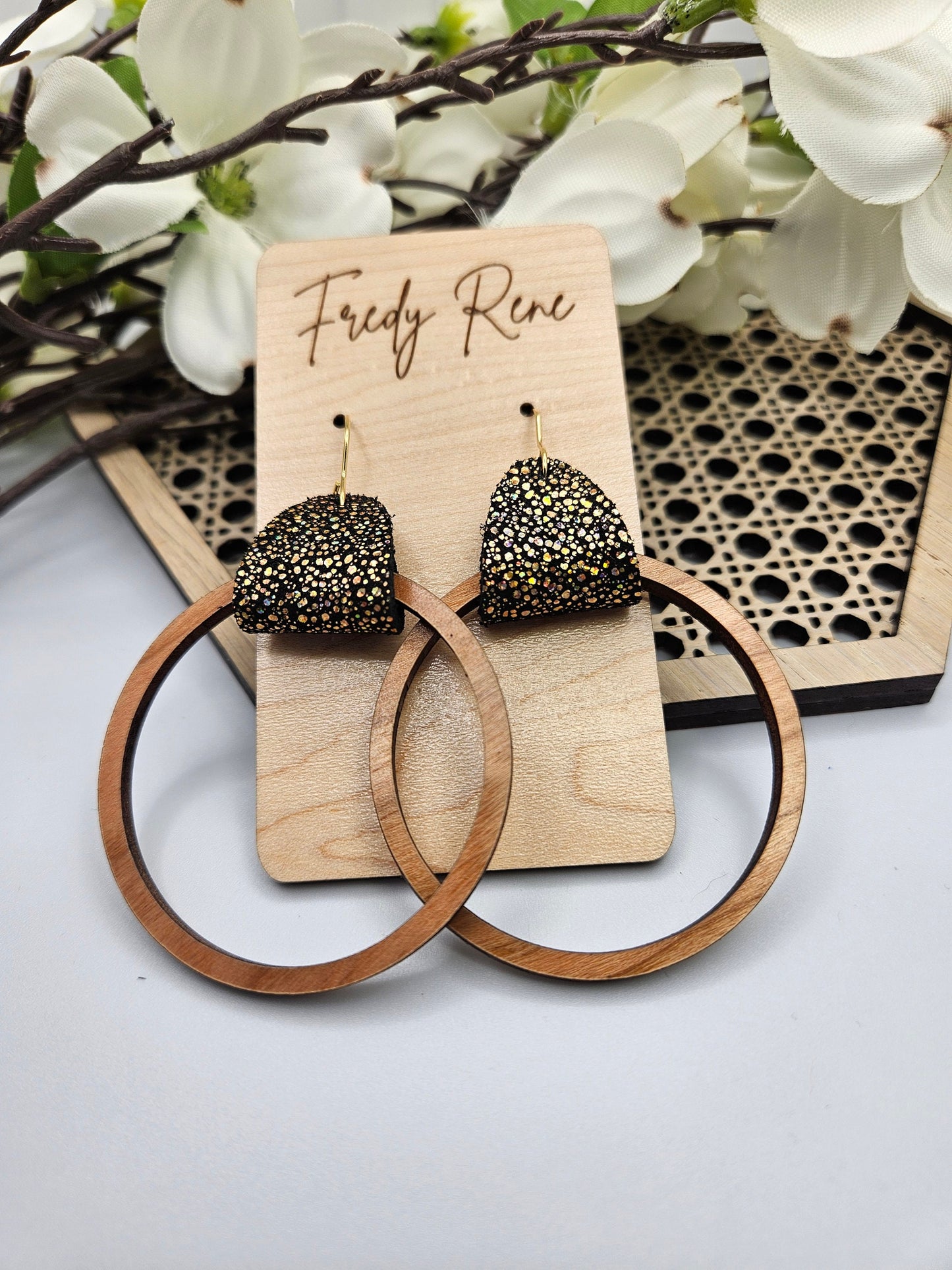 Black and Gold Leather & Wood Hoop Earrings