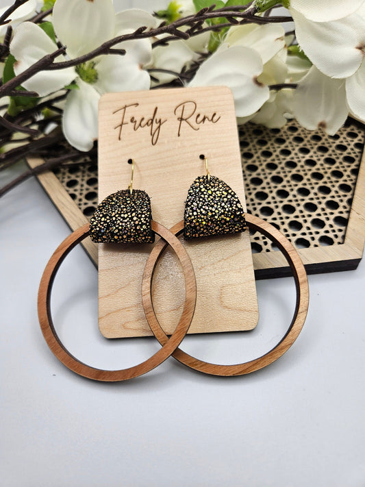 Black and Gold Leather & Wood Hoop Earrings