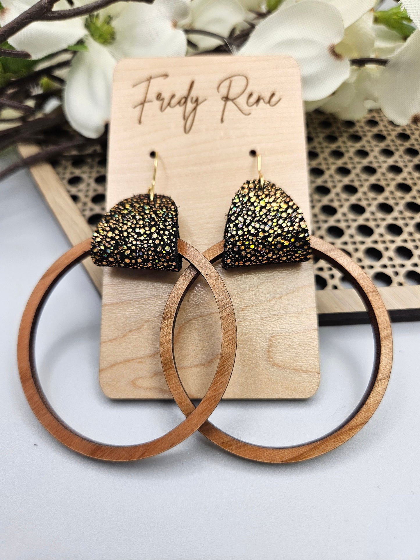 Black and Gold Leather & Wood Hoop Earrings