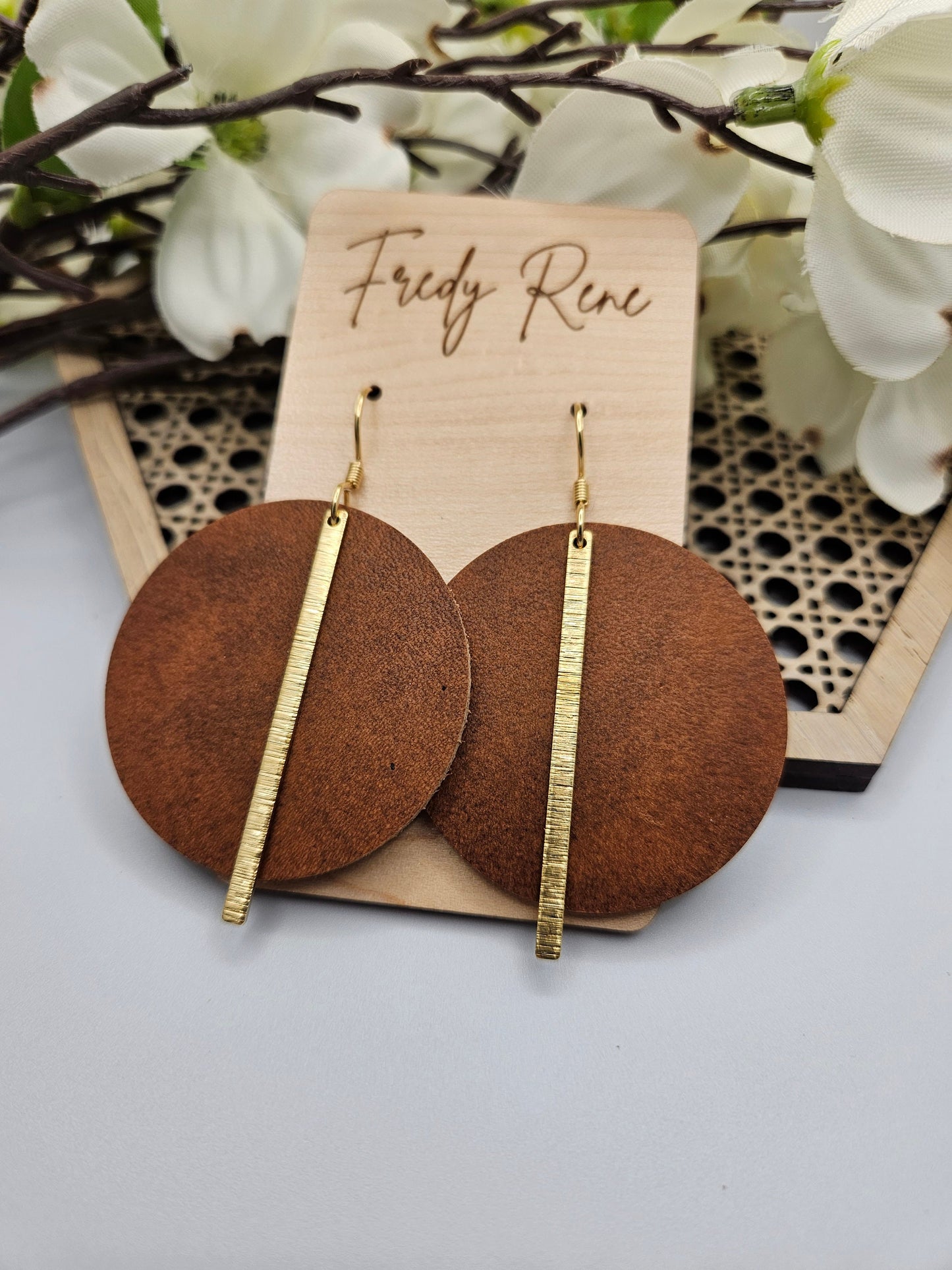 Tan Genuine Leather Earrings Round with Gold Brass Bars