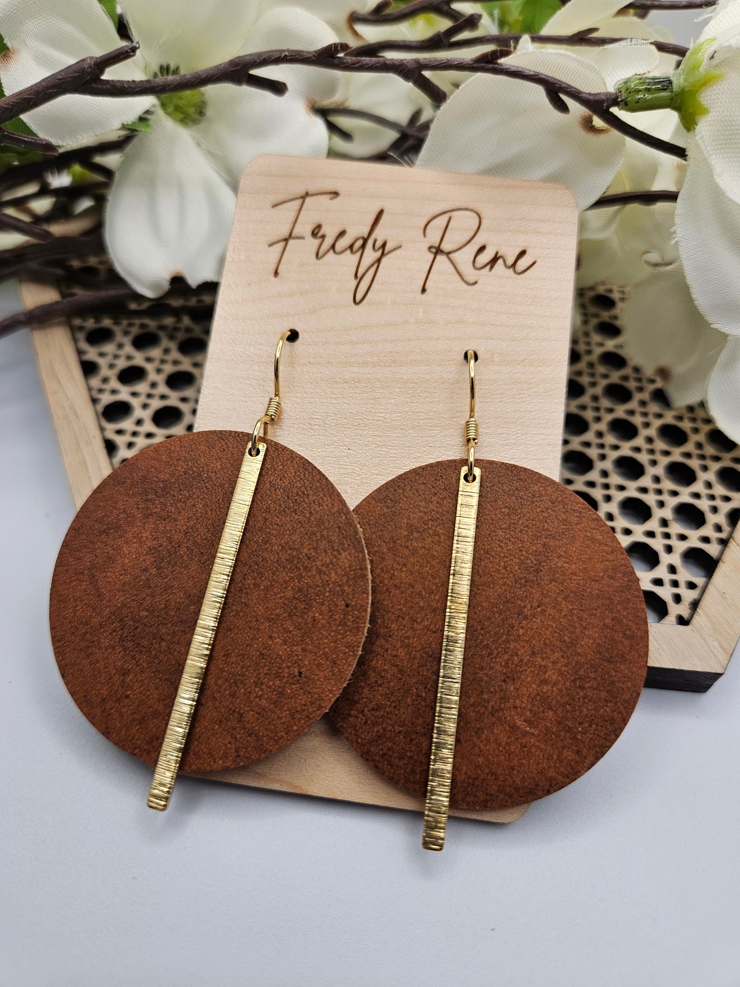 Tan Genuine Leather Earrings Round with Gold Brass Bars