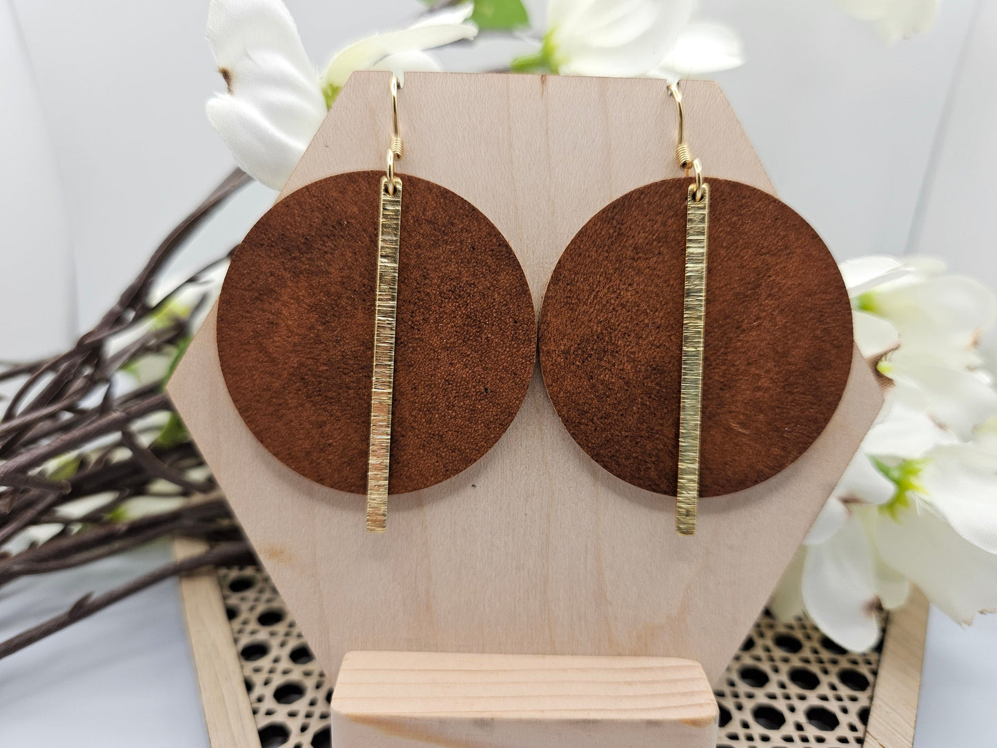 Tan Genuine Leather Earrings Round with Gold Brass Bars