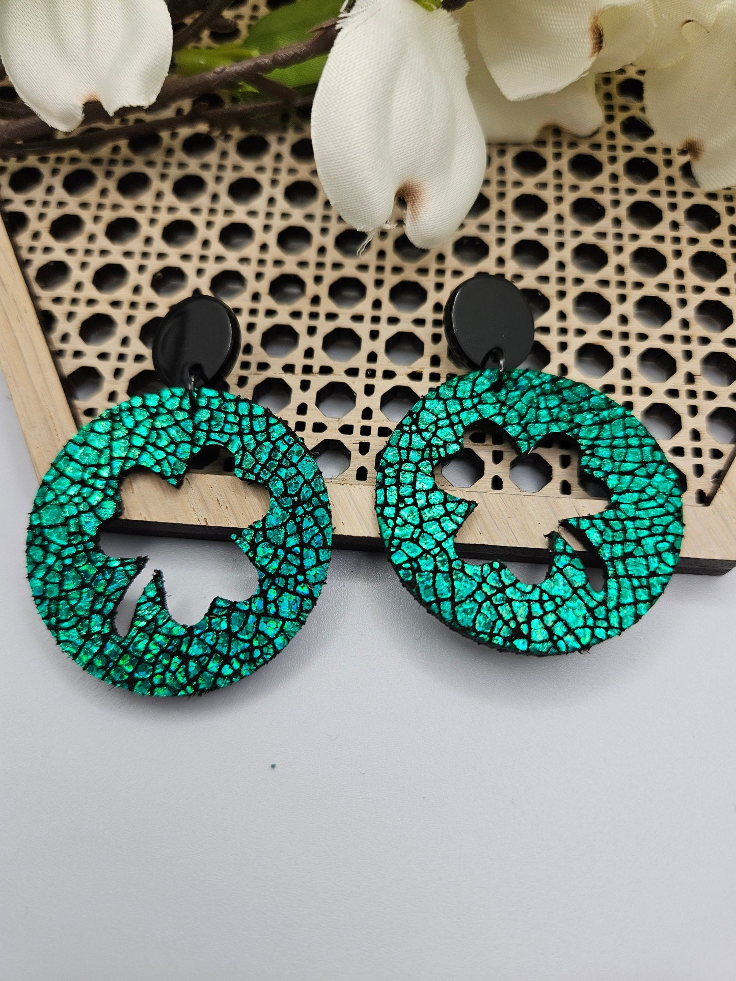 Green Sparkle Clover Leather Earrings with Studs