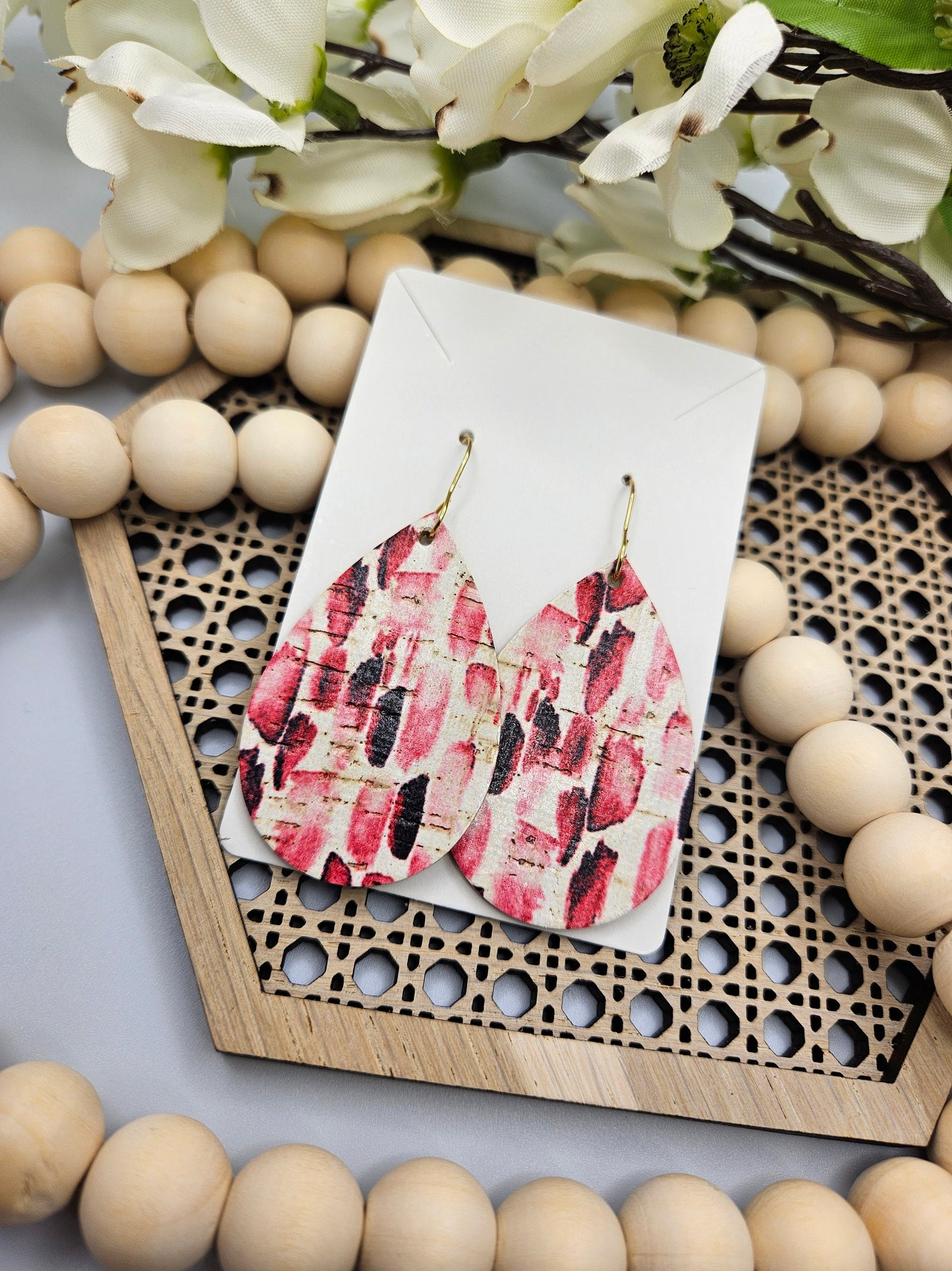 Pink Striped Teardrop Cork on Leather Earrings