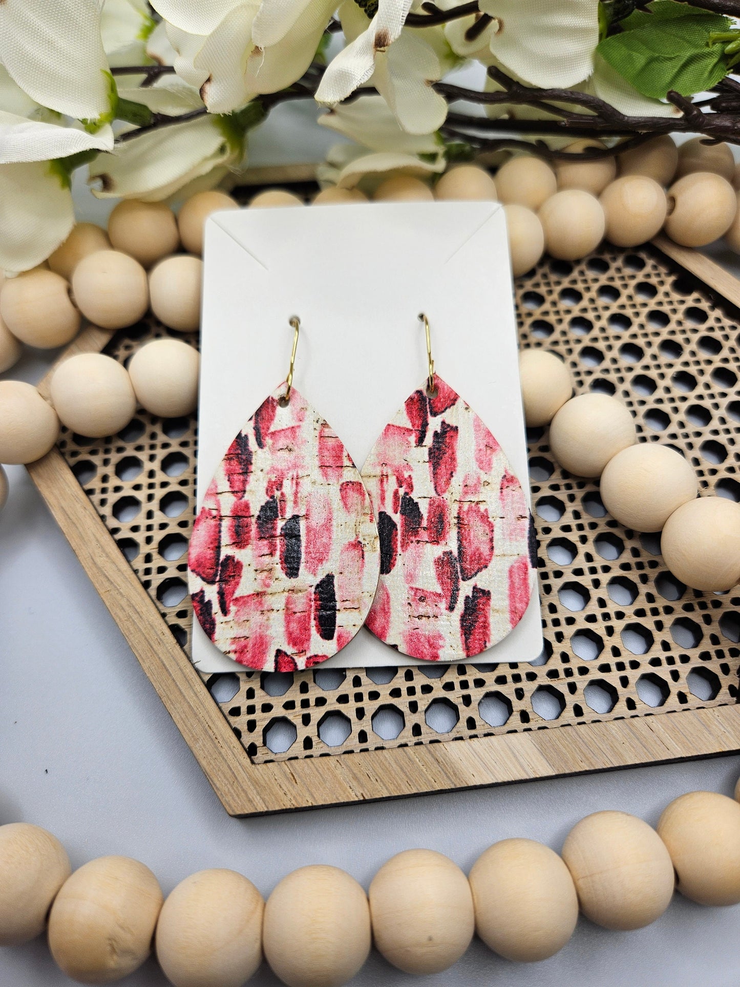 Pink Striped Teardrop Cork on Leather Earrings