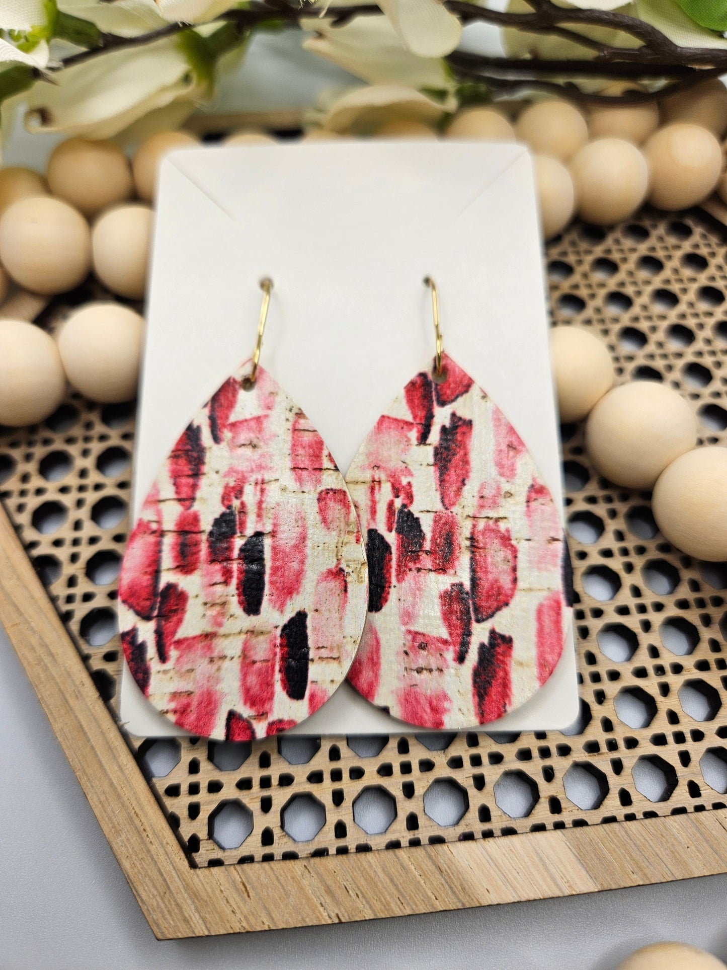 Pink Striped Teardrop Cork on Leather Earrings