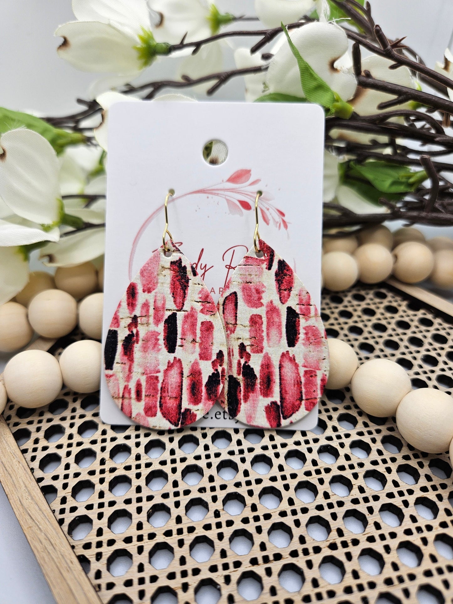 Pink Striped Teardrop Cork on Leather Earrings