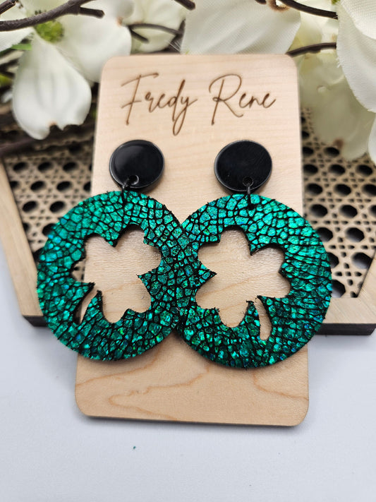 Green Sparkle Clover Leather Earrings with Studs